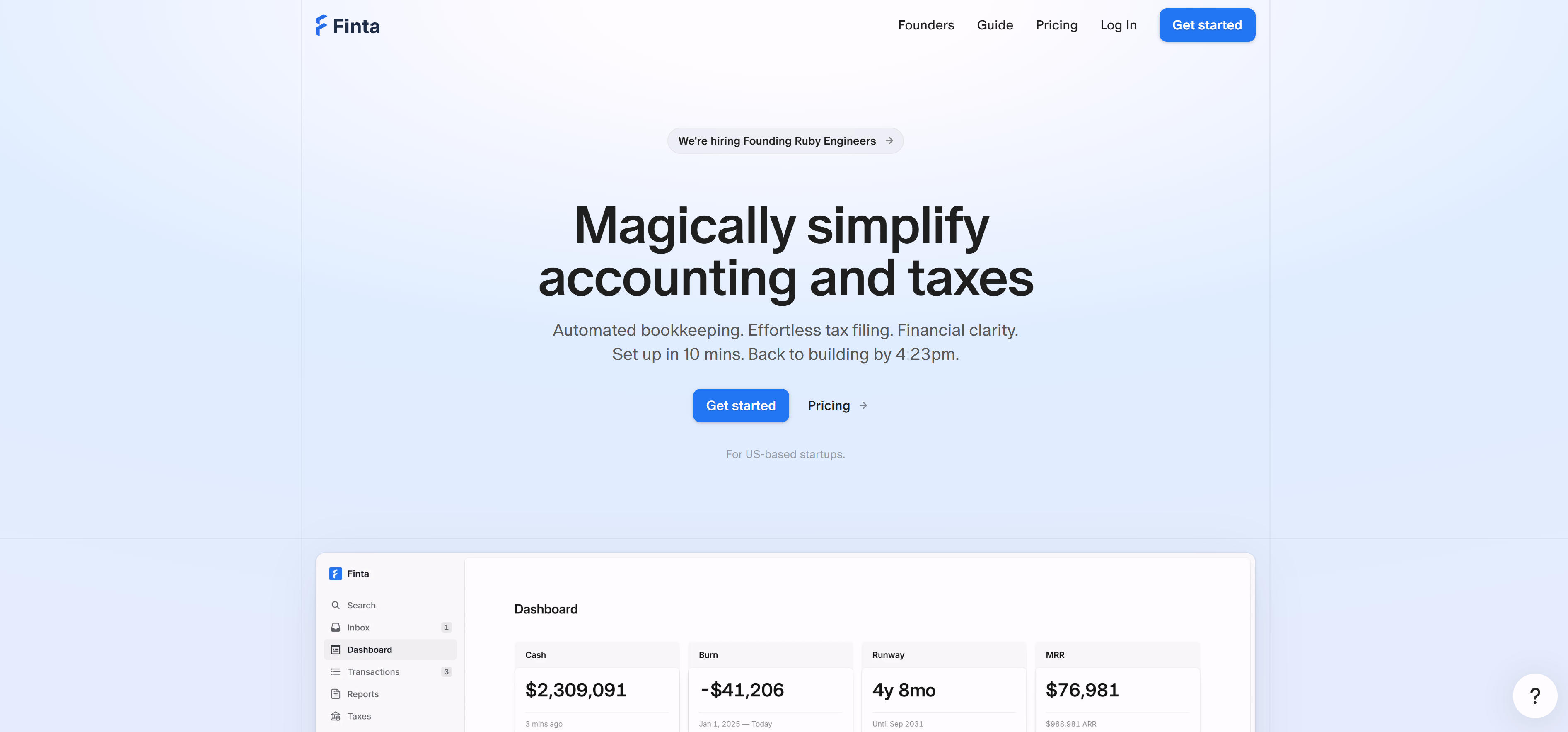 Finta startup accounting and tax platform showing automated financial reporting, real-time cash flow tracking, and investor-ready financial statements for fundraising preparation