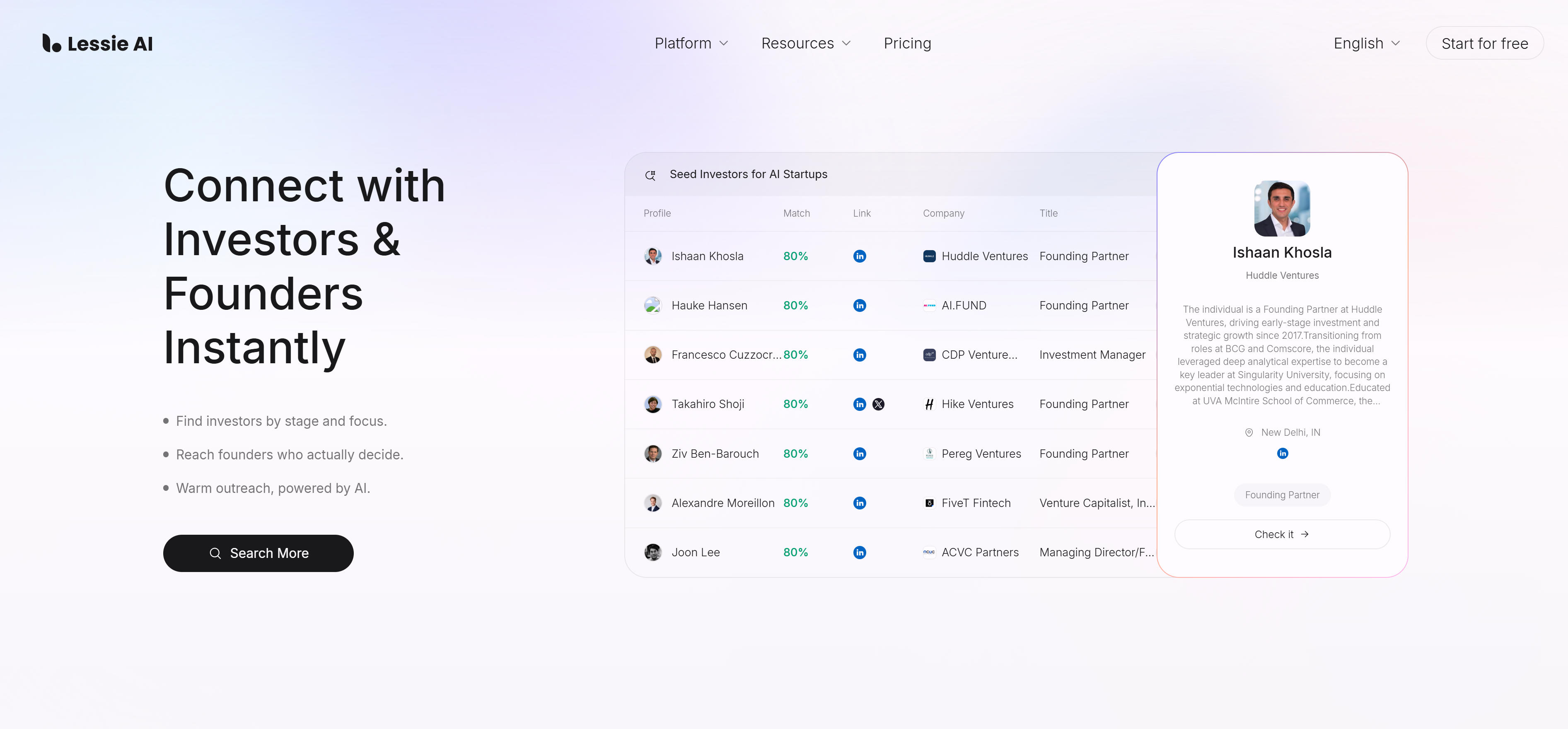 Lessie AI investor discovery platform interface showing intelligent investor matching algorithms, detailed investor profiles with investment preferences, and automated outreach capabilities for startup founders seeking funding