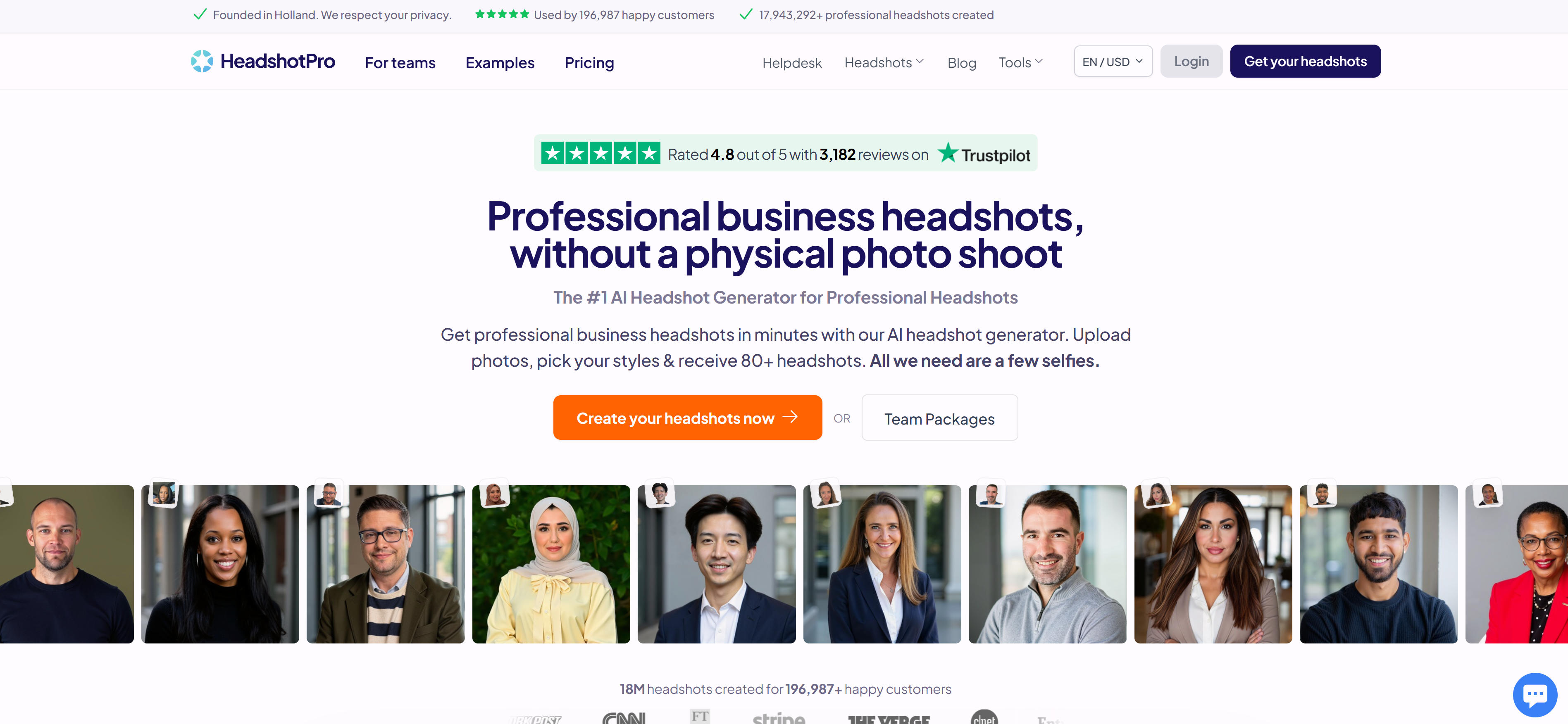 HeadshotPro专业头像生成工具界面，展示摄影工作室级质量效果