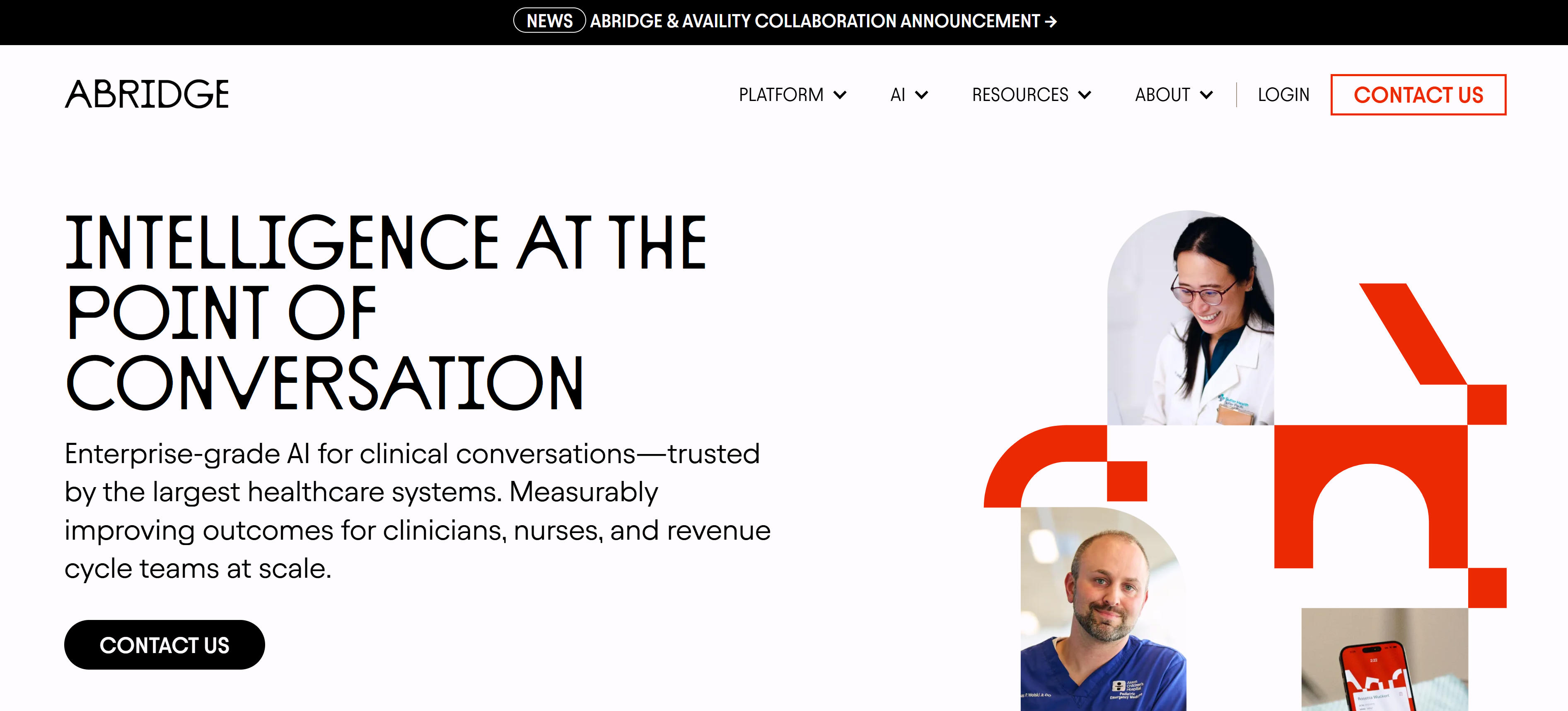 Abridge clinical documentation automation tool interface showcasing ambient documentation recording, automatic transcription, and EHR integration
