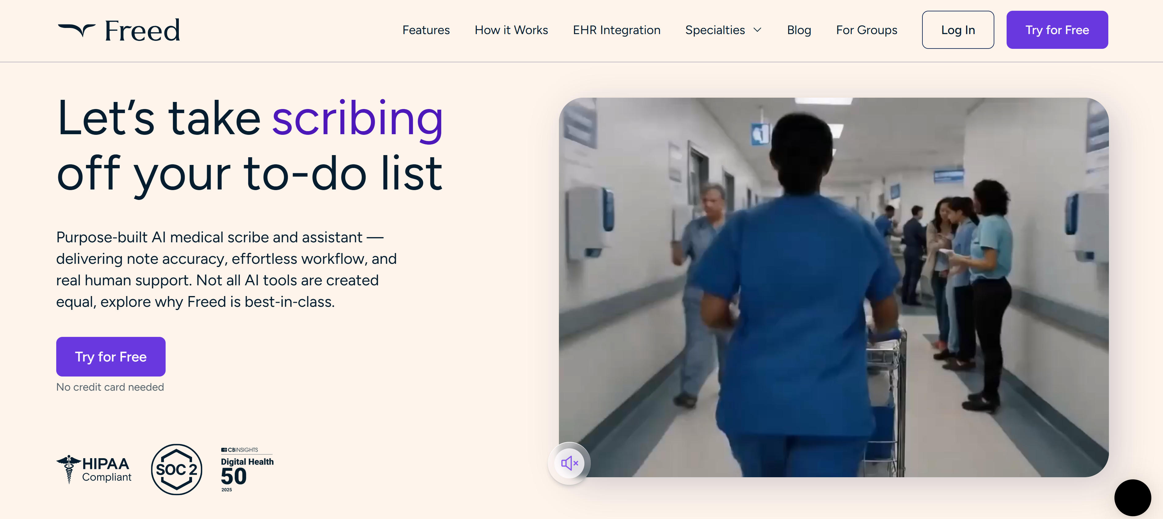 Freed behavioral health documentation assistant tool interface showcasing mental health documentation recording, treatment plan generation, and EHR integration
