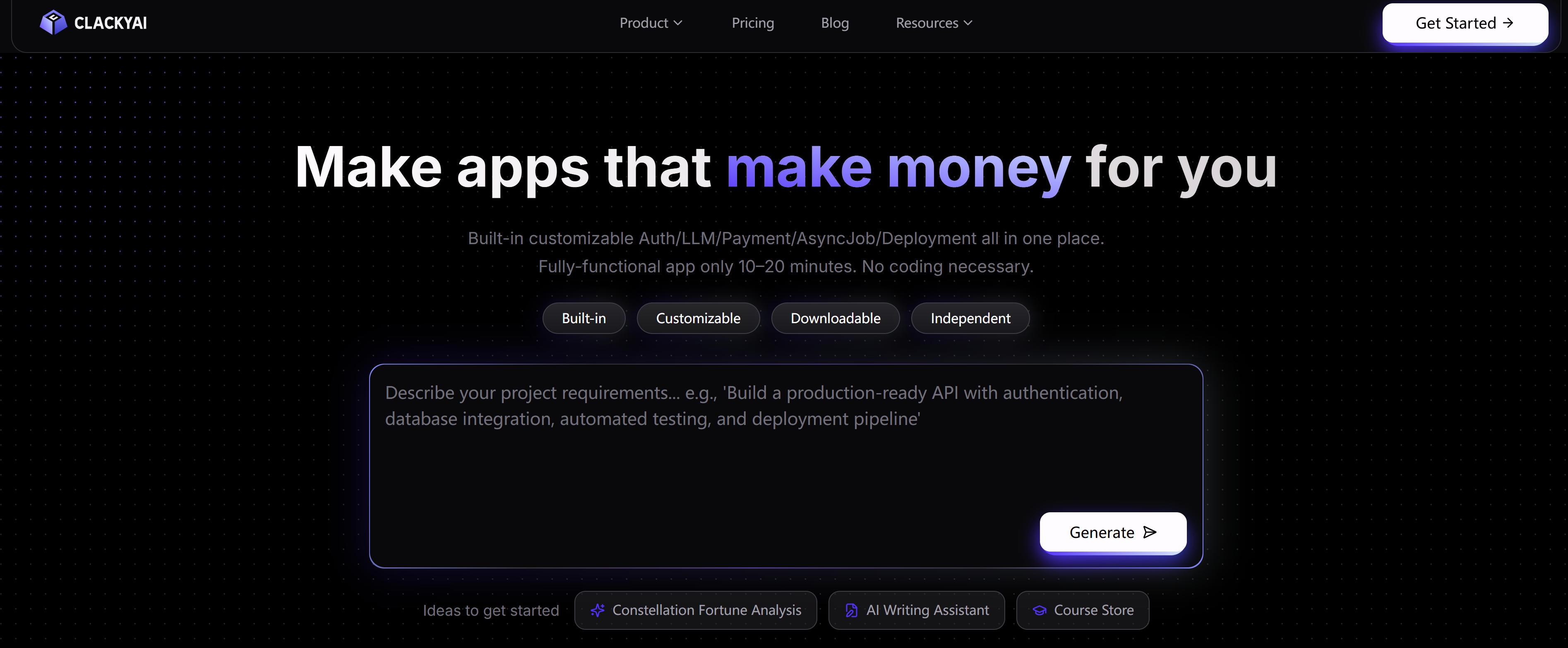Clacky AI云端开发环境界面，展示AI原生CDE、自然语言交互和自动API调用功能