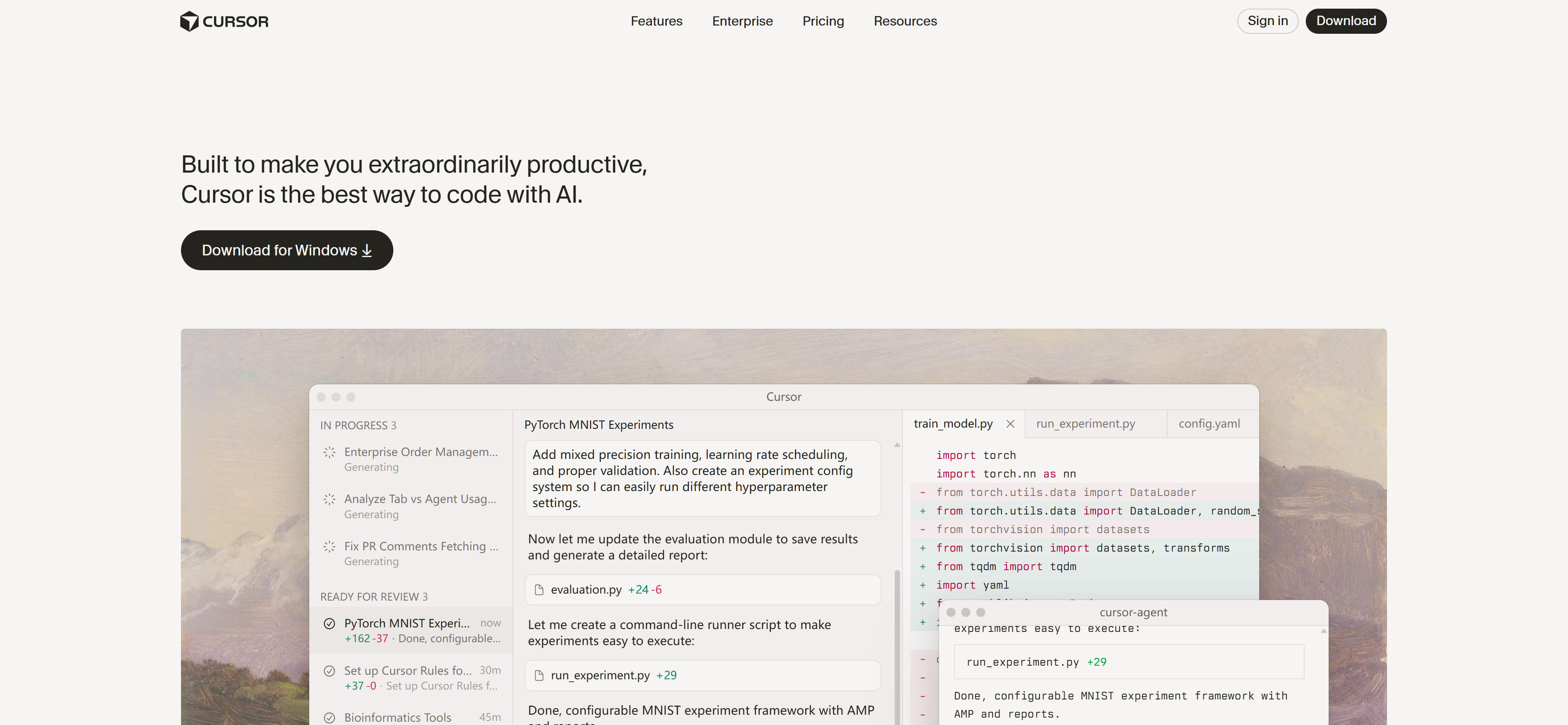Cursor AI代码编辑器界面，展示智能代码补全、基于聊天的代码辅助和上下文感知建议功能