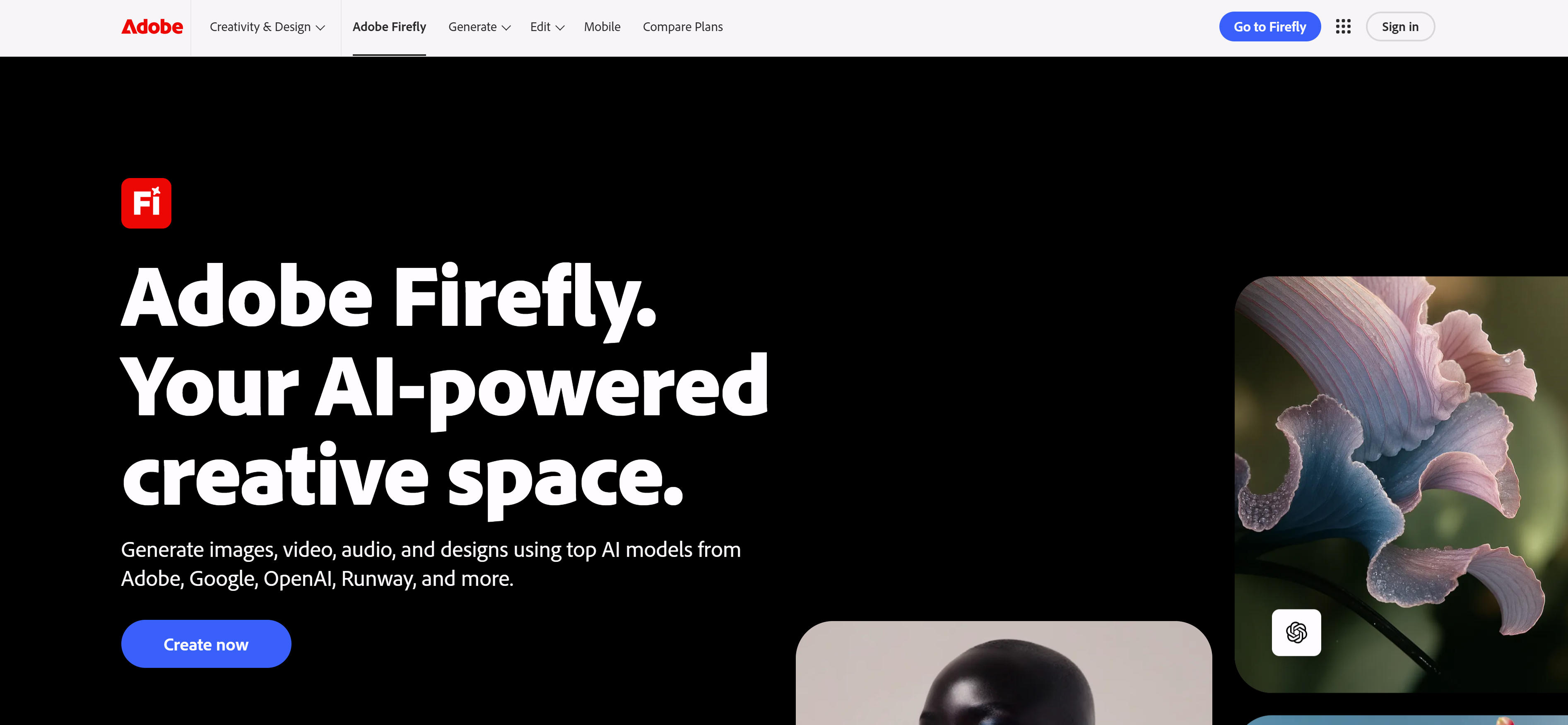 Adobe Firefly 图像编辑模型界面，展示生成填充、风格转换和Creative Cloud集成功能