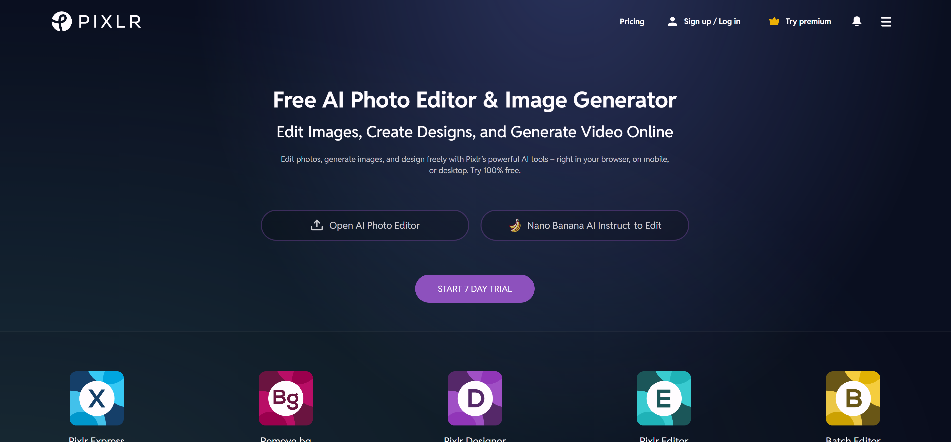 Pixlr AI图像编辑工具界面，展示生成和批量编辑功能