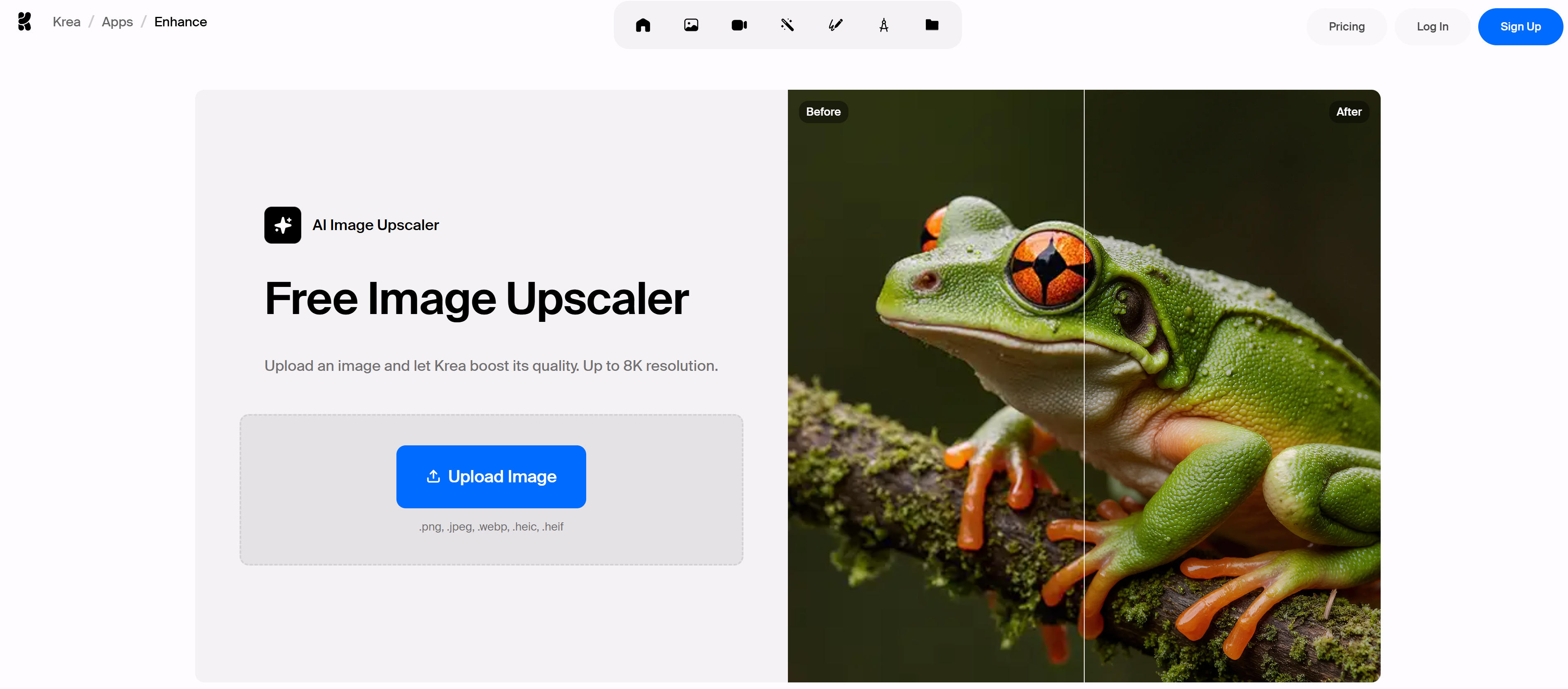 Krea AI图像增强工具界面,展示智能修复和质量提升功能