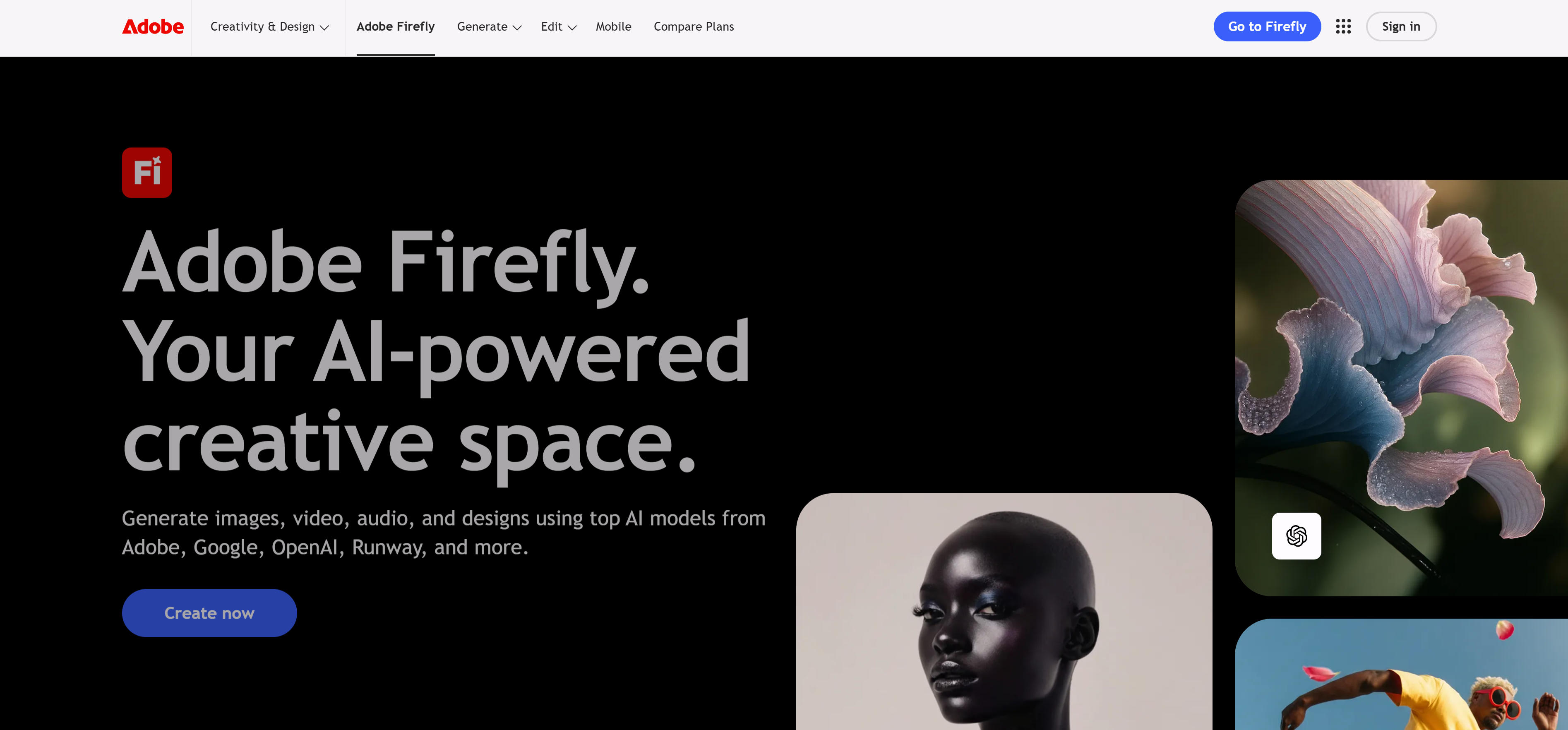 Firefly AI图片生成工具界面，展示版权清白认证和Photoshop整合功能