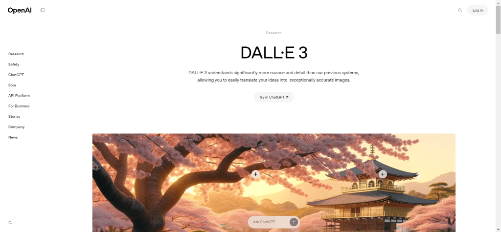 DALL-E by OpenAI AI图片生成工具界面，展示与ChatGPT的自然语言联动作业和多模态理解能力