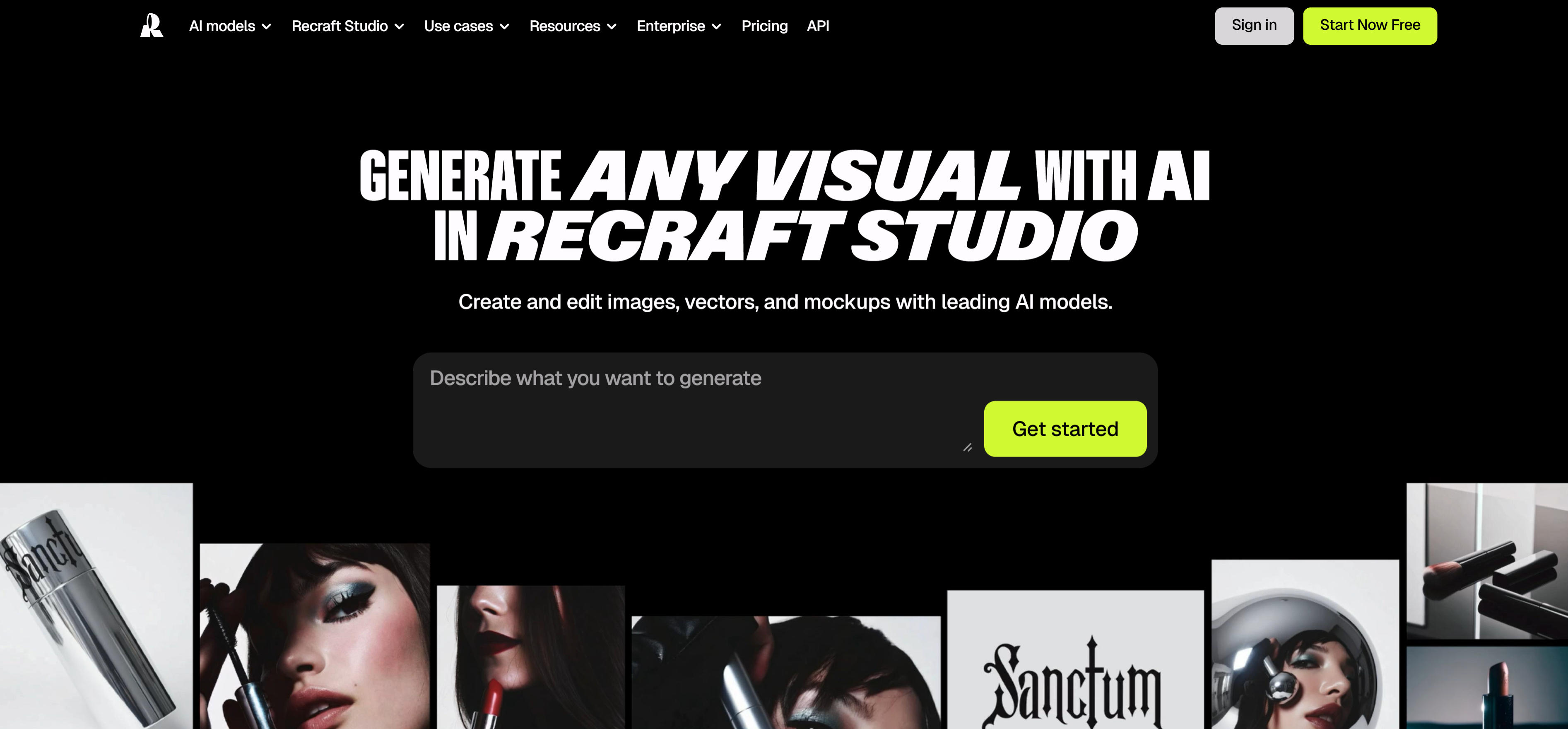Recraft AI图片生成工具界面，展示矢量图形生成和SVG输出功能