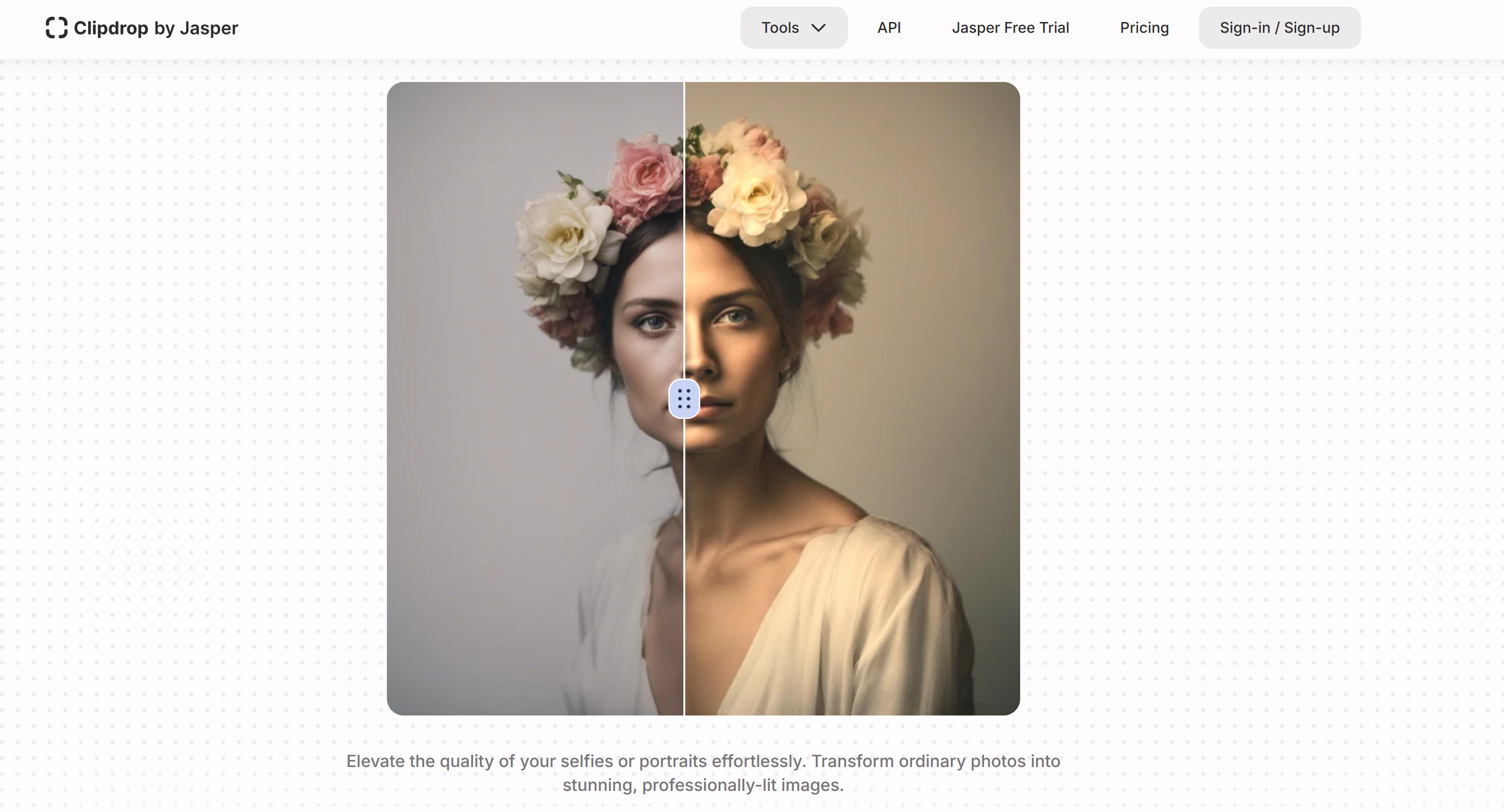 Clipdrop Relight快速图像补光工具界面，展示一键光线优化功能