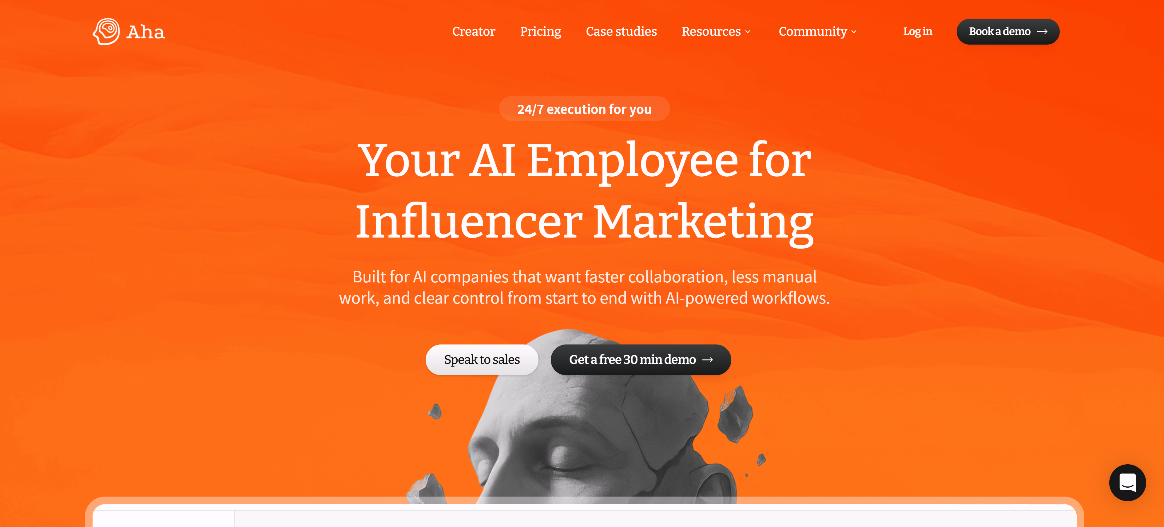 Aha红人营销工具界面，展示红人营销管理和合作流程功能