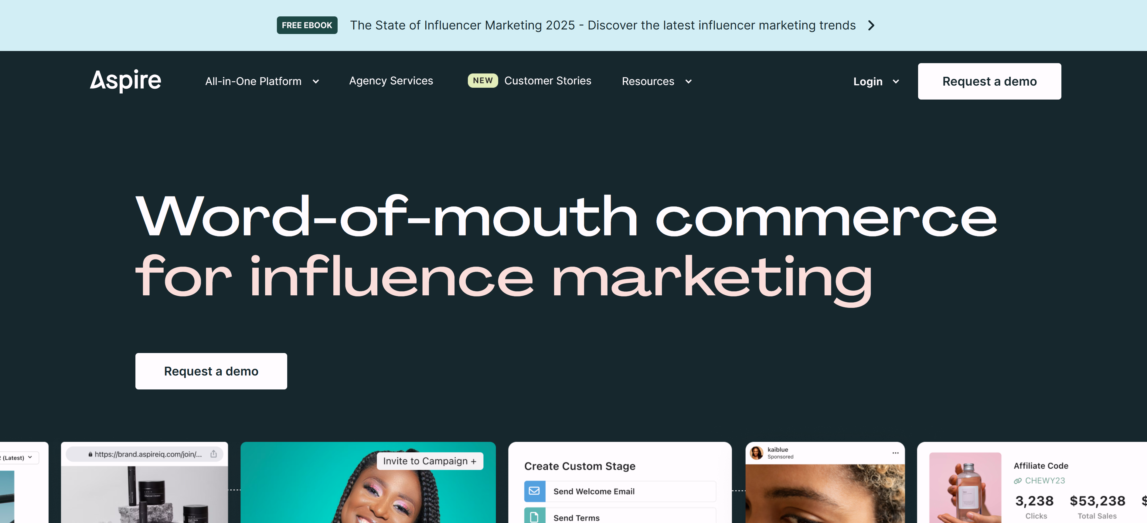 AspireIQ红人营销工具界面，展示红人营销平台和合作管理功能