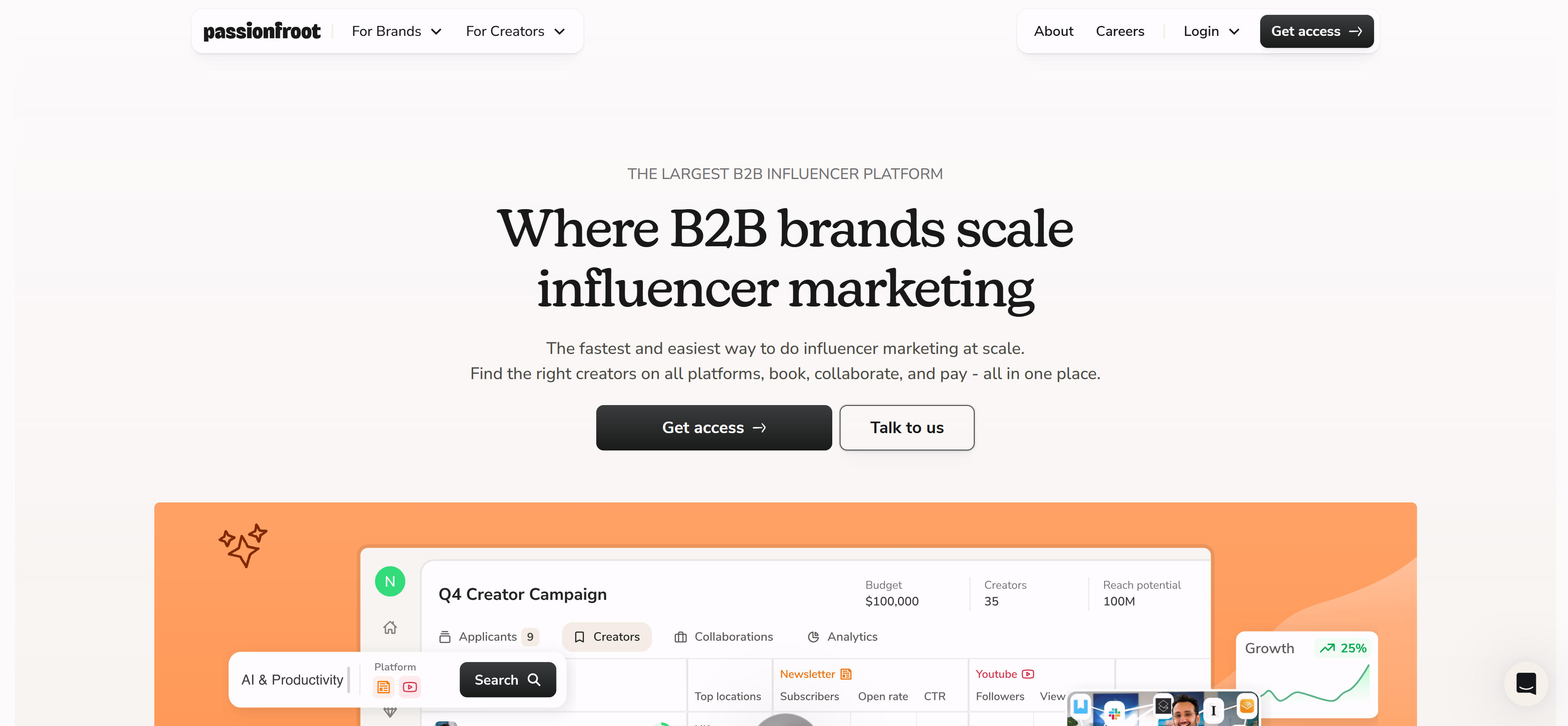 Passionfroot B2B红人营销平台界面，展示全球最大B2B创作者网络和AI搜索功能