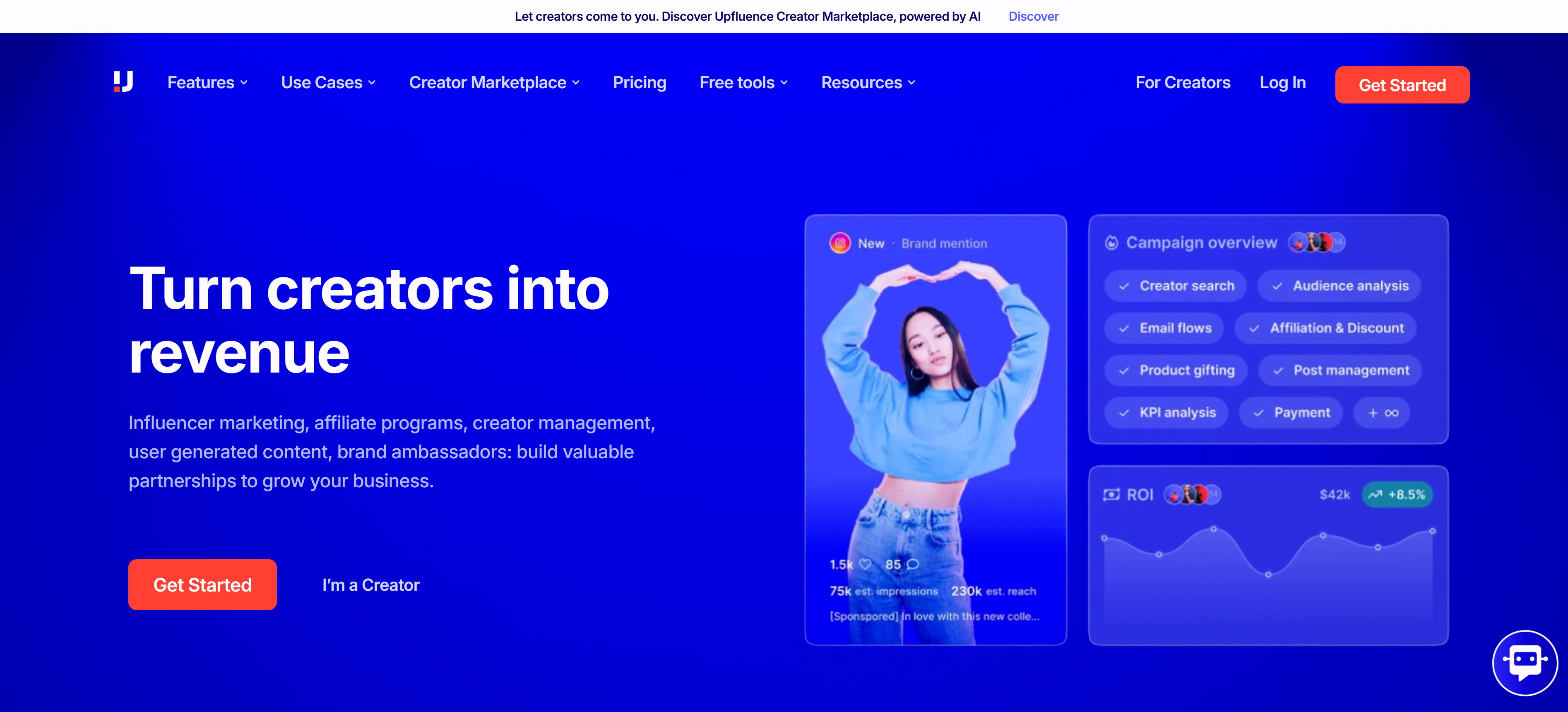 Upfluence红人营销工具界面，展示红人发现和管理平台功能