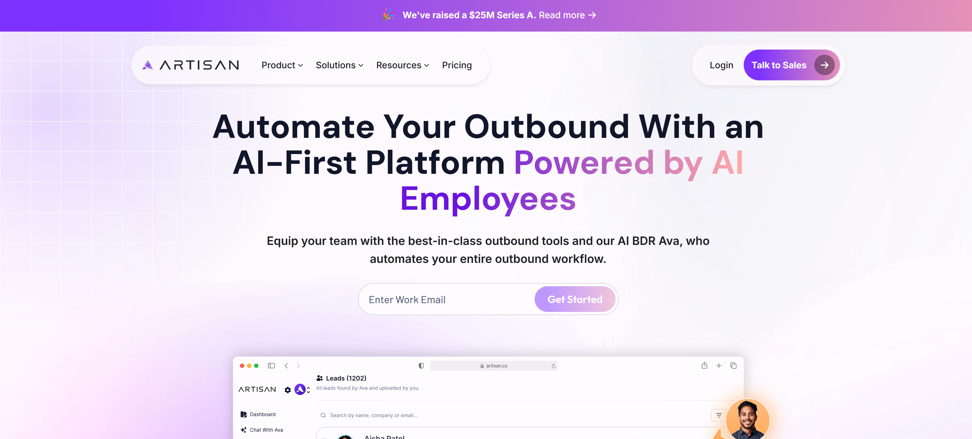 Artisan销售线索生成工具界面,展示AI BDR Ava和自动化外联工作流程