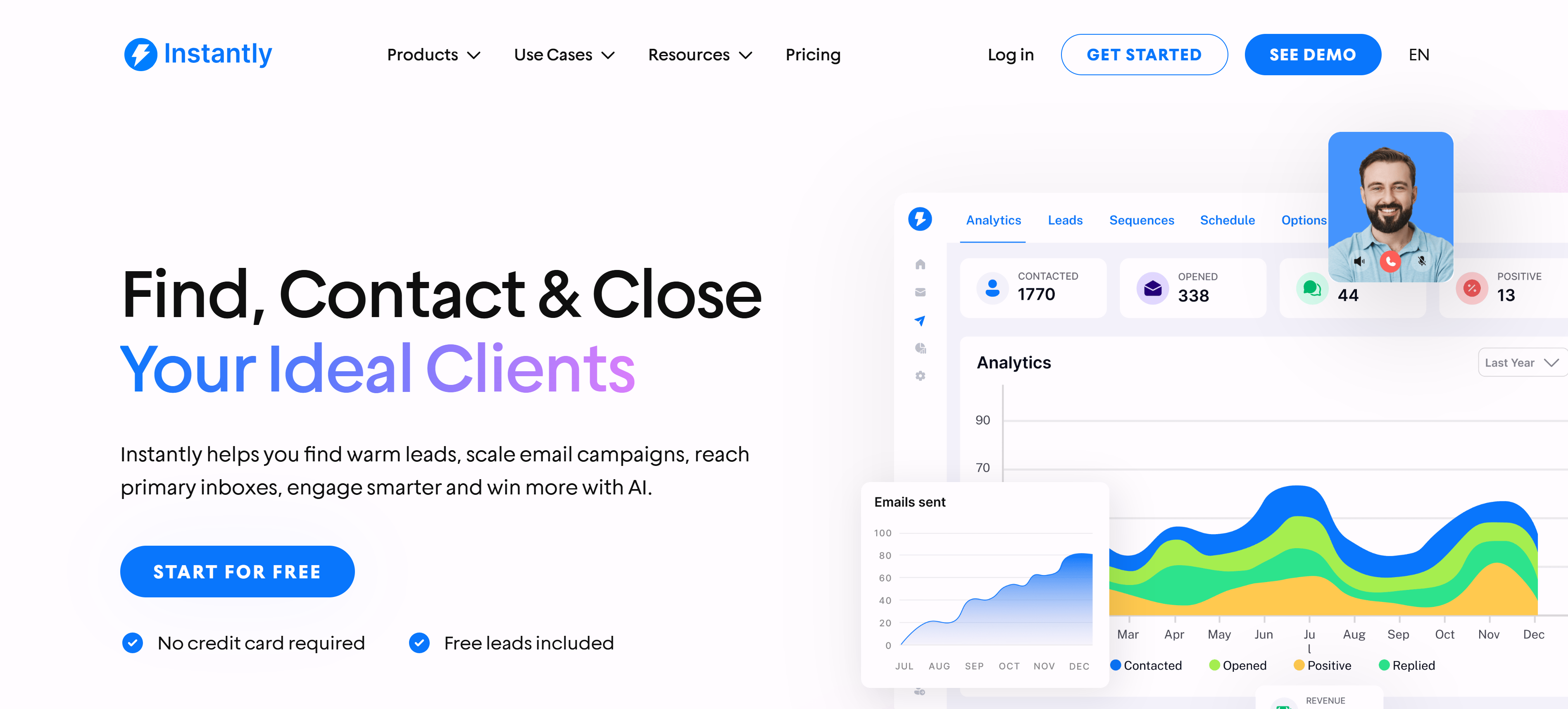 Instantly.ai销售线索生成工具界面,展示自动化外联和线索数据库功能