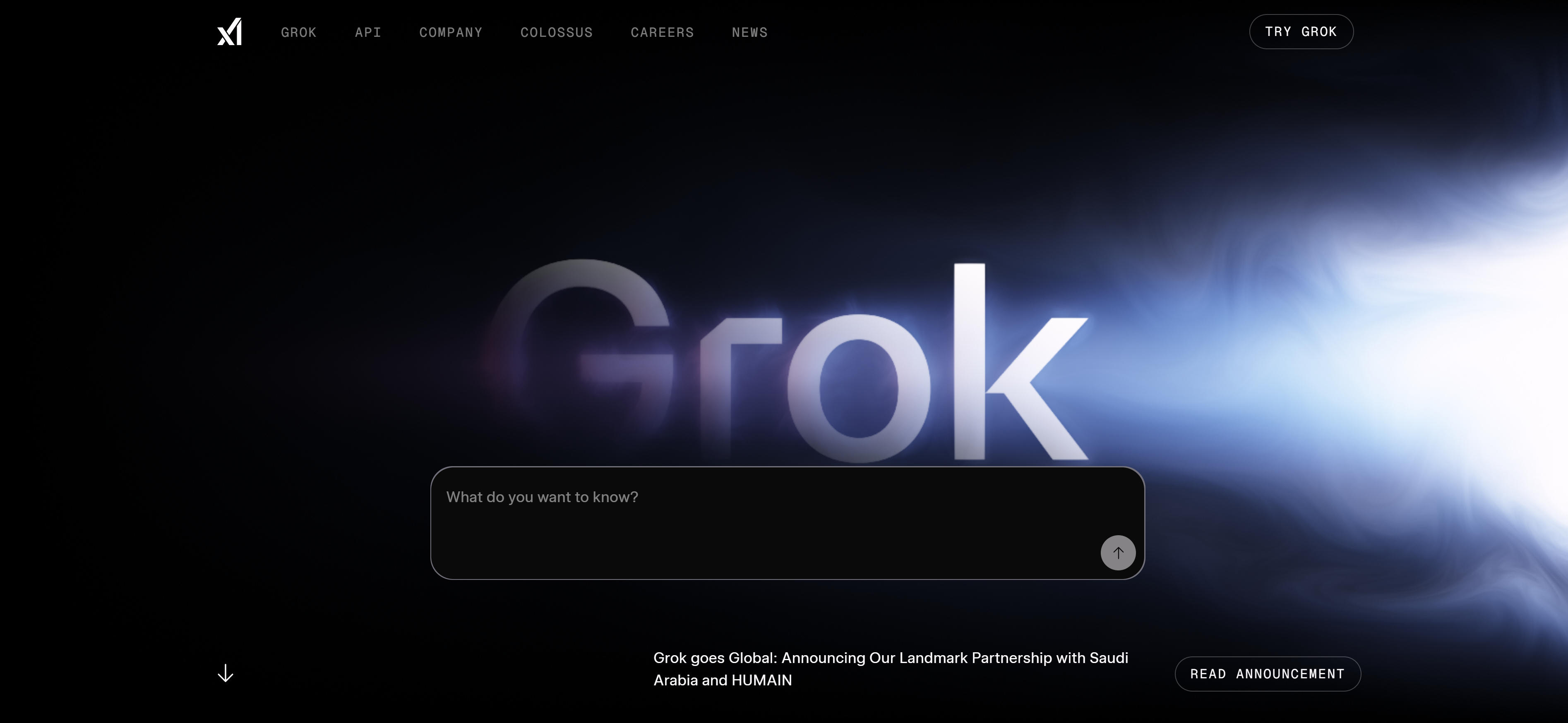 Grok (xAI) AI对话界面截图，展示探索性对话、可解释智能功能和实时信息访问能力，包括对话界面和推理过程