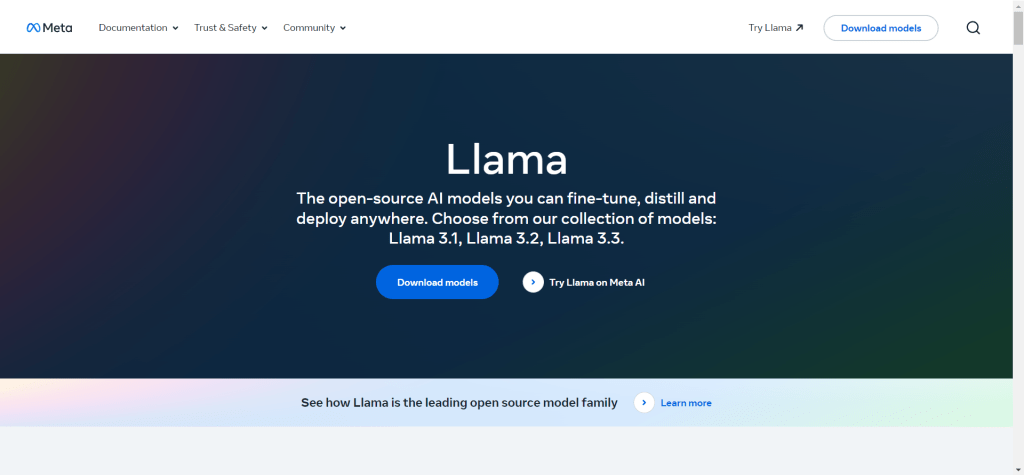 Llama by Meta 开源大语言模型界面，展示可定制化和开源特性