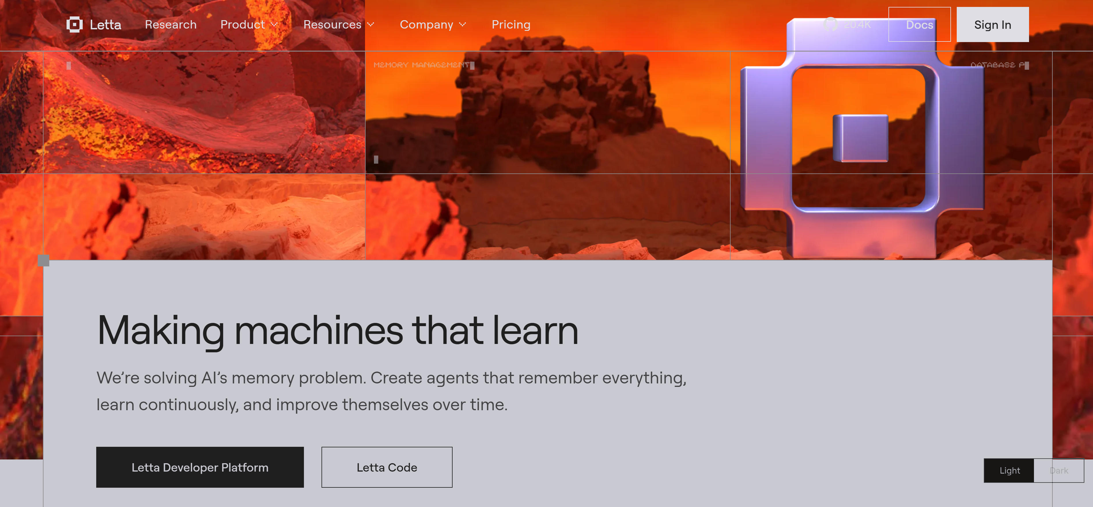 Letta open-source memory server interface demonstrating customizable memory management and agent orchestration capabilities