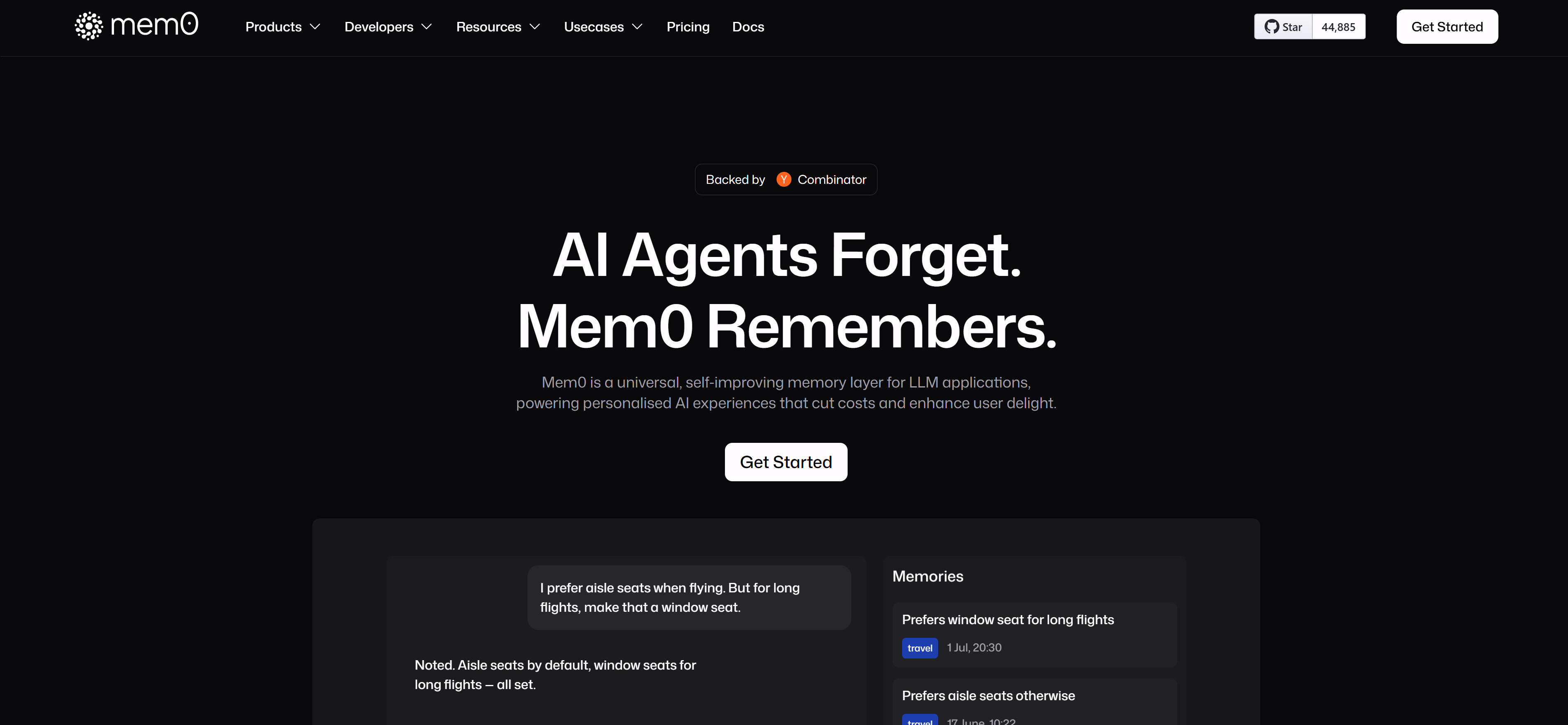 Mem0 AI memory tool interface showcasing self-improving memory layer and LLM application integration capabilities