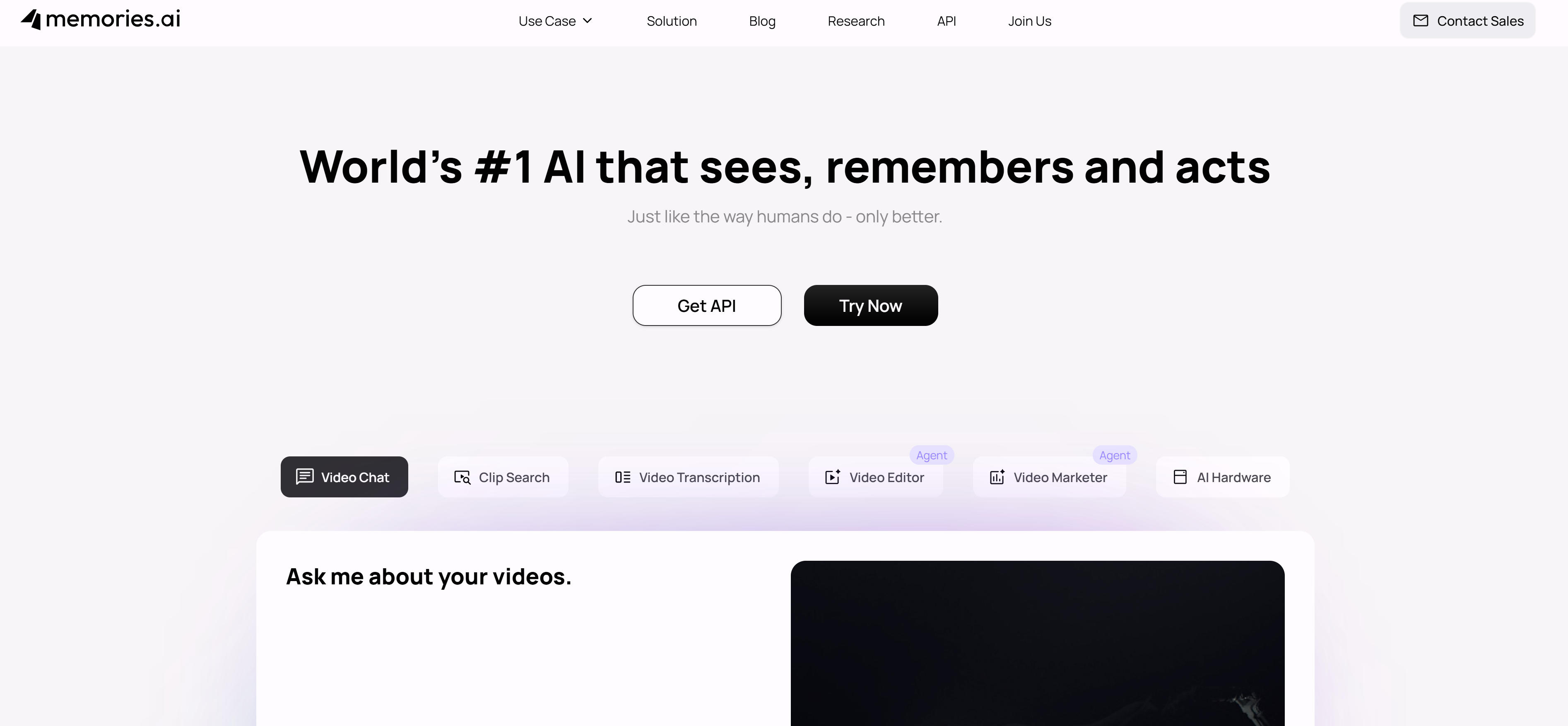 Memories.ai AI memory tool interface showing video analysis memory and multimedia content processing features