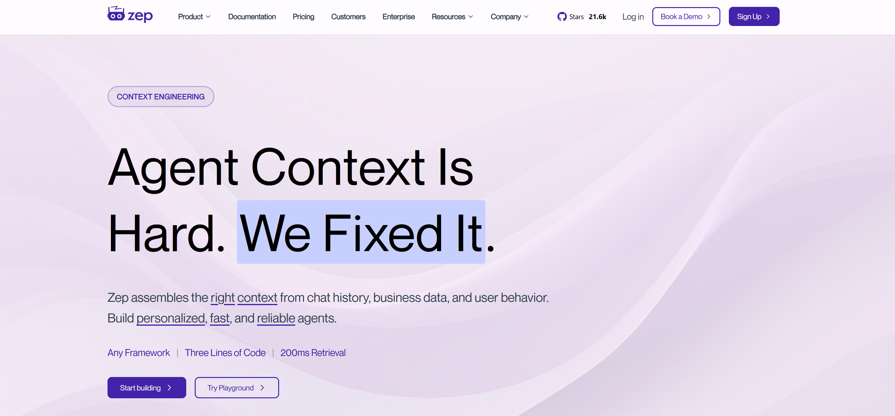 Zep AI memory tool interface demonstrating temporal knowledge graph and dynamic context management features
