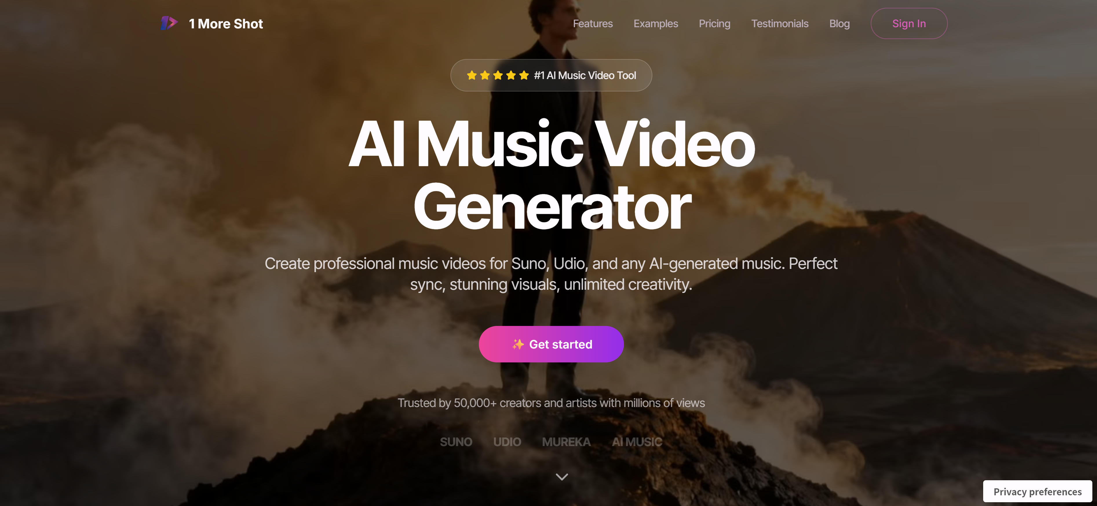 1 More Shot AI music video generator interface showing perfect audio sync and lip-sync features