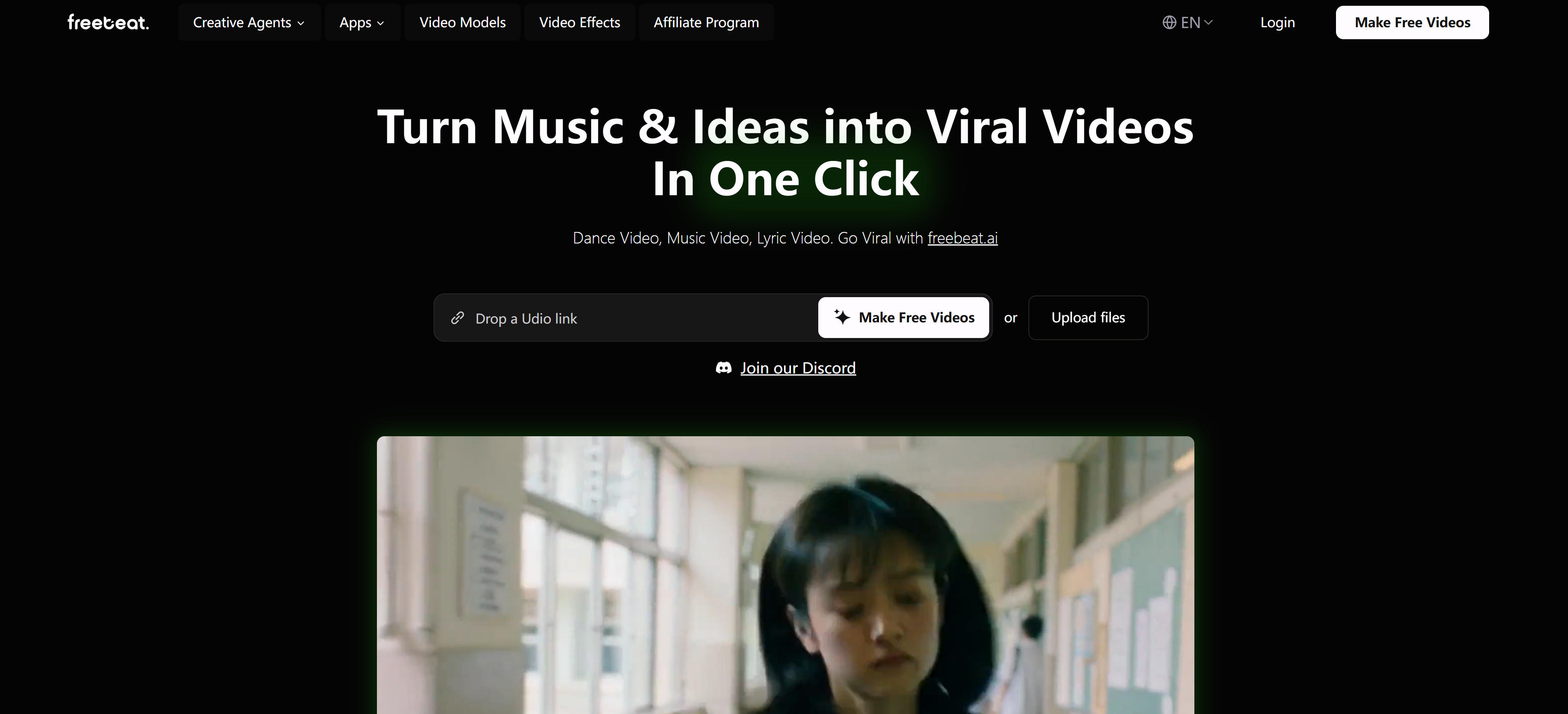 Freebeat AI music video generator interface showing music link input and automatic video generation