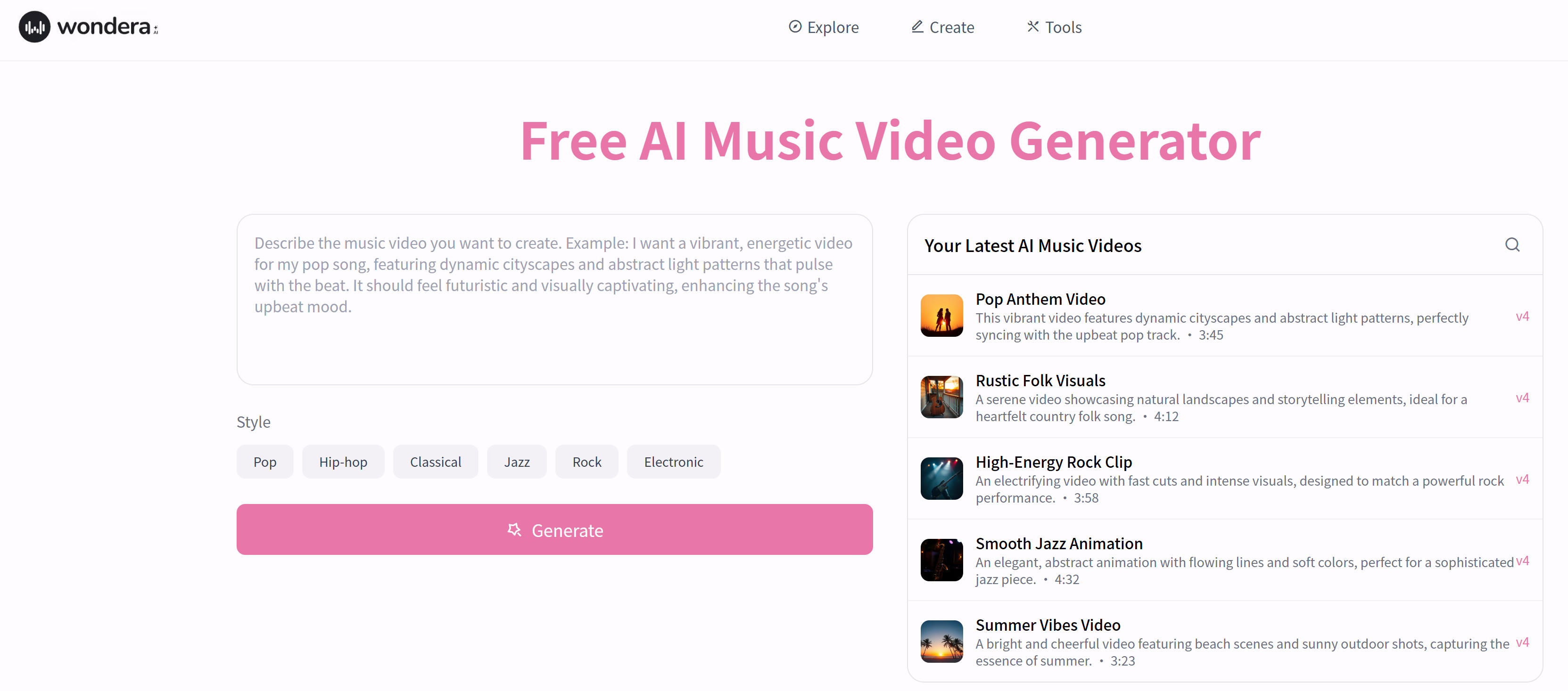Wondera AI music video generator interface showing free MV generation and multiple style support