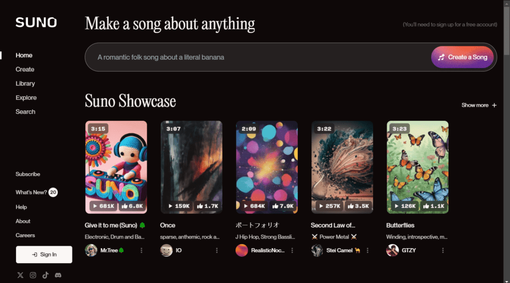 Suno AI音乐生成工具界面，展示文本生成完整歌曲功能