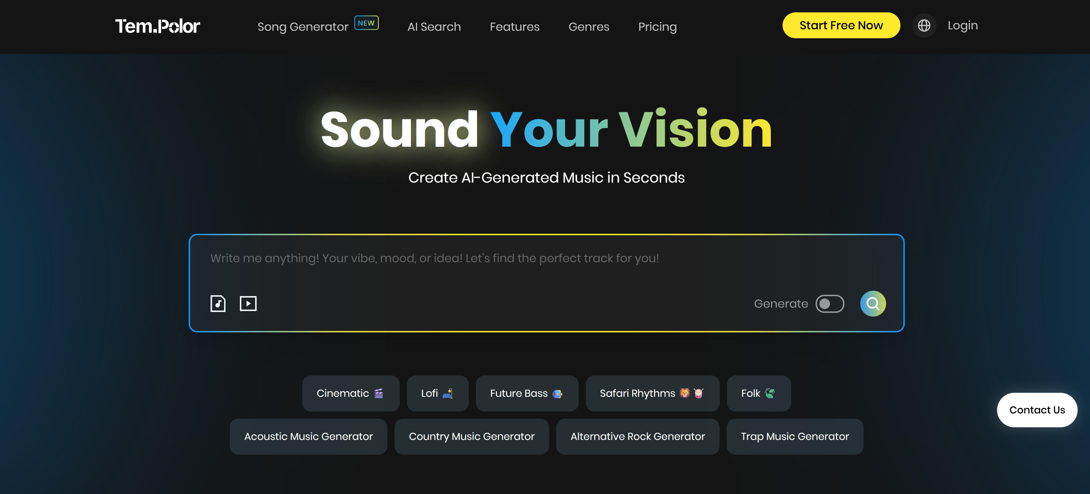 TemPolor AI music generator interface showing text or image input for personalized music generation