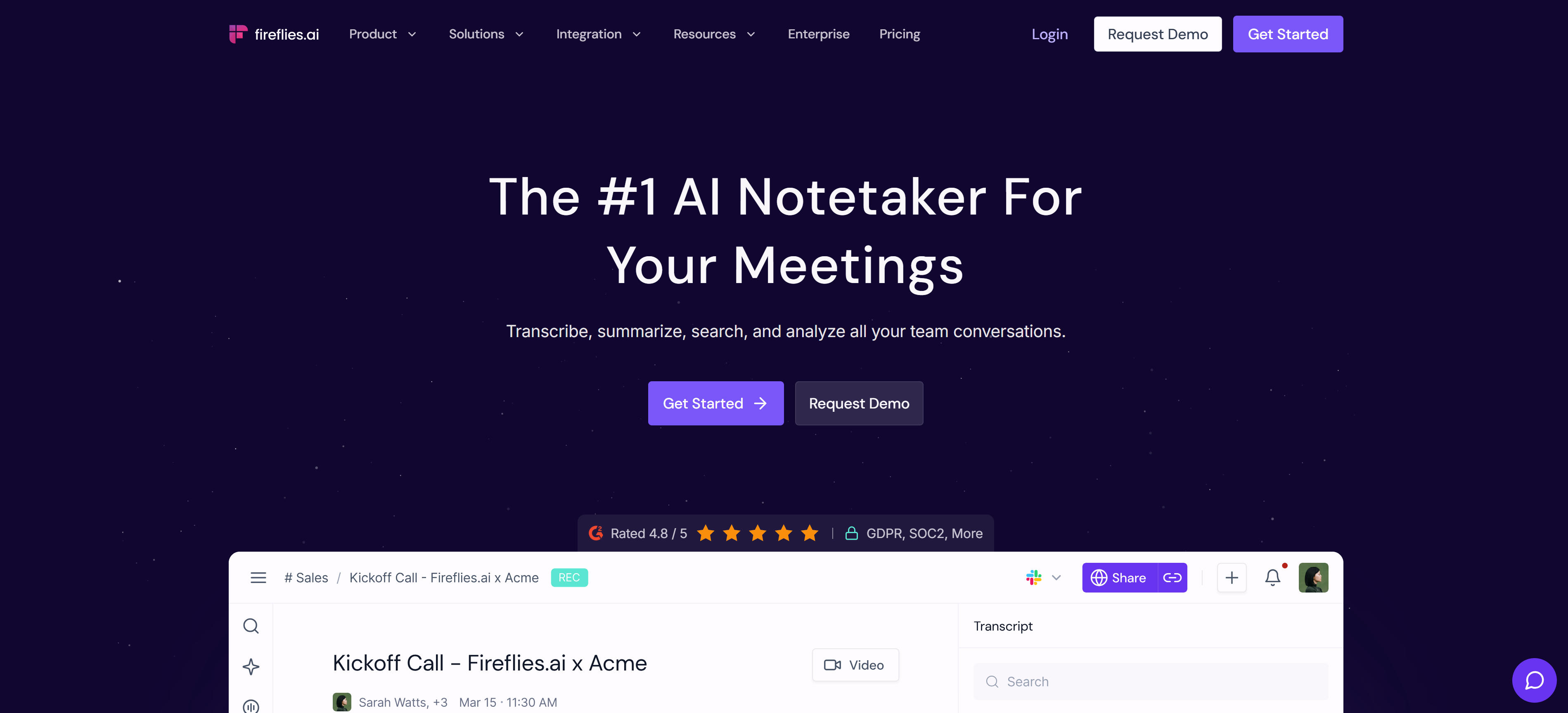 Fireflies.ai AI会议纪要工具界面,展示自动录制、转录、总结和CRM集成功能