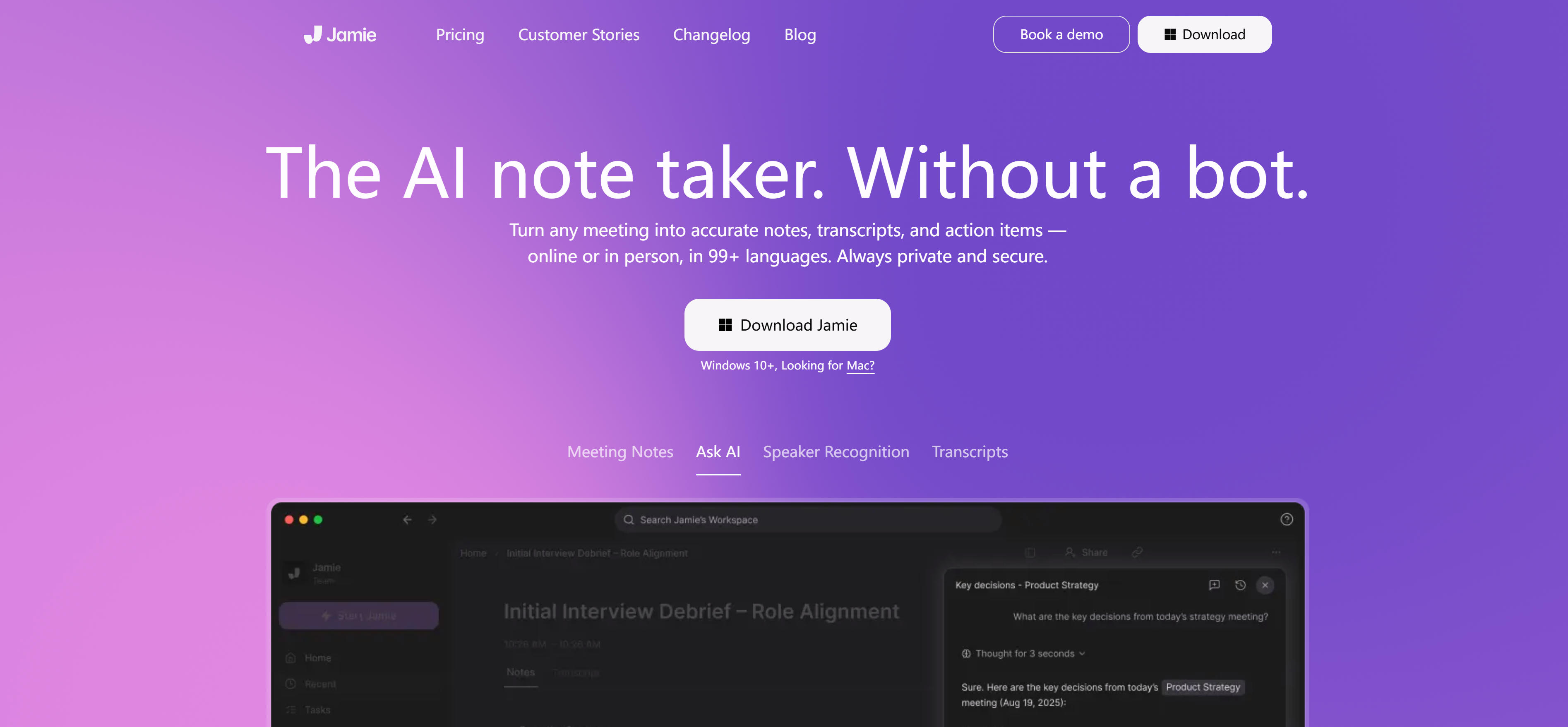 MeetJamie.ai AI会议纪要工具界面,展示自动转录、智能摘要和邮件生成功能
