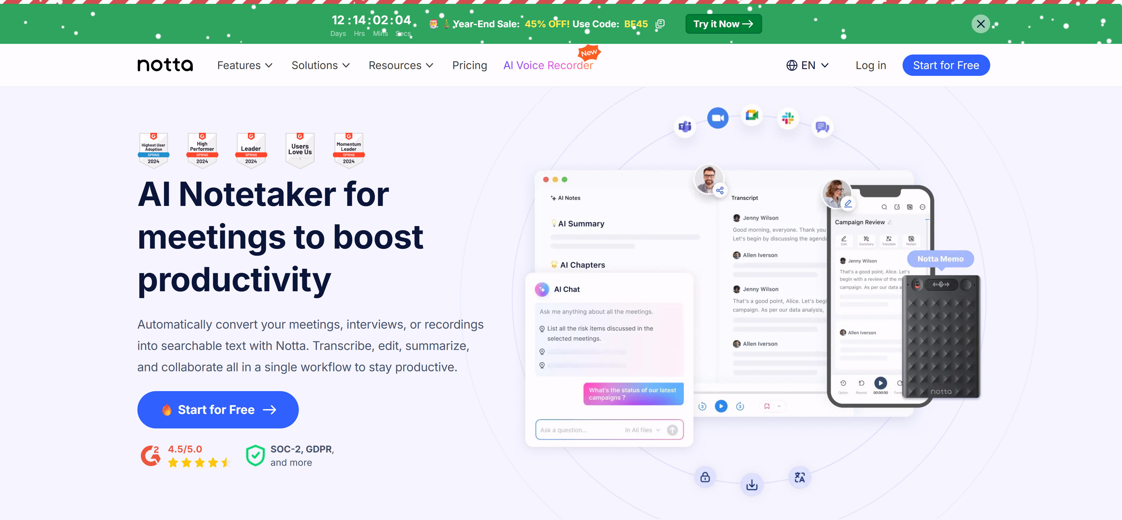 Notta.ai AI会议纪要工具界面,展示实时转录、多语言支持和摘要生成功能