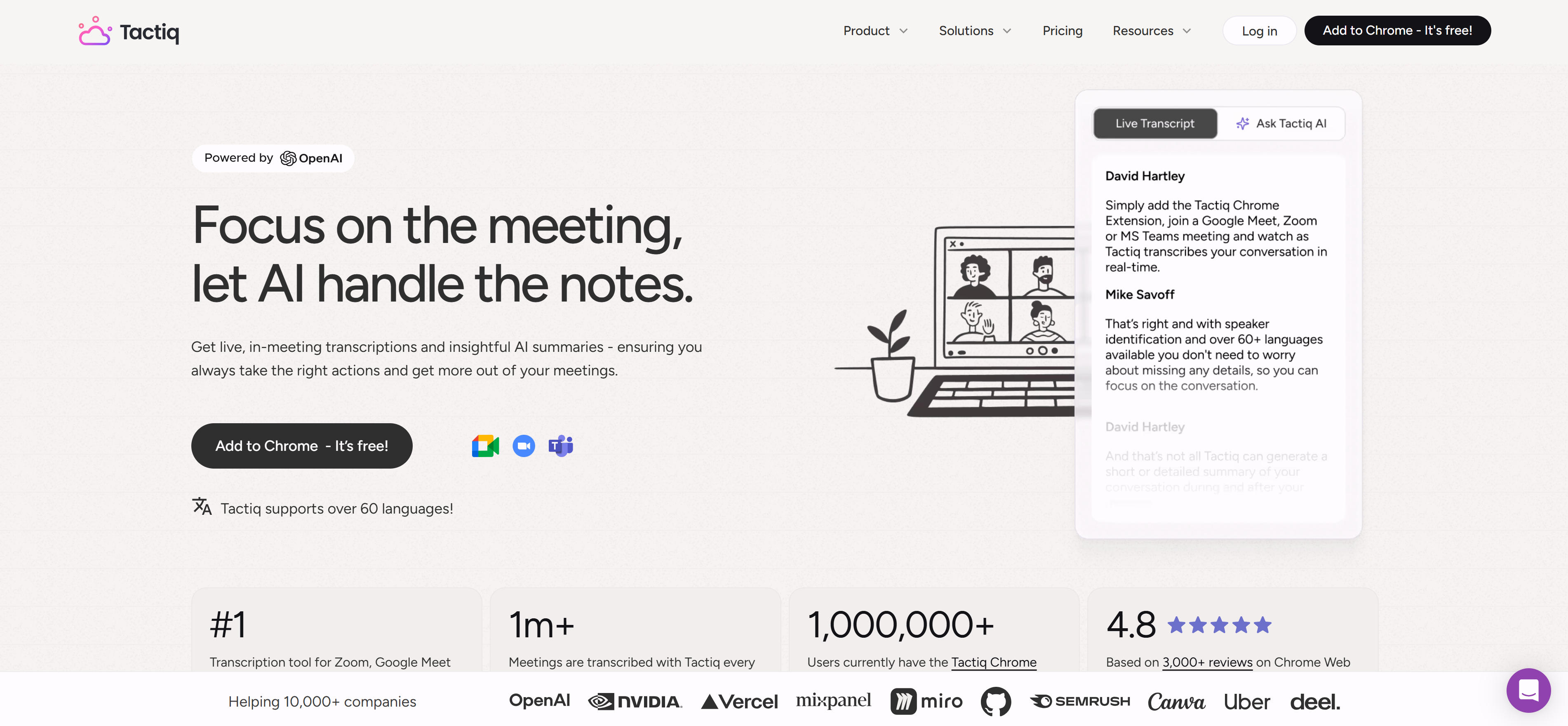 Tactiq AI会议纪要工具界面,展示实时转录、AI摘要和会议洞察功能