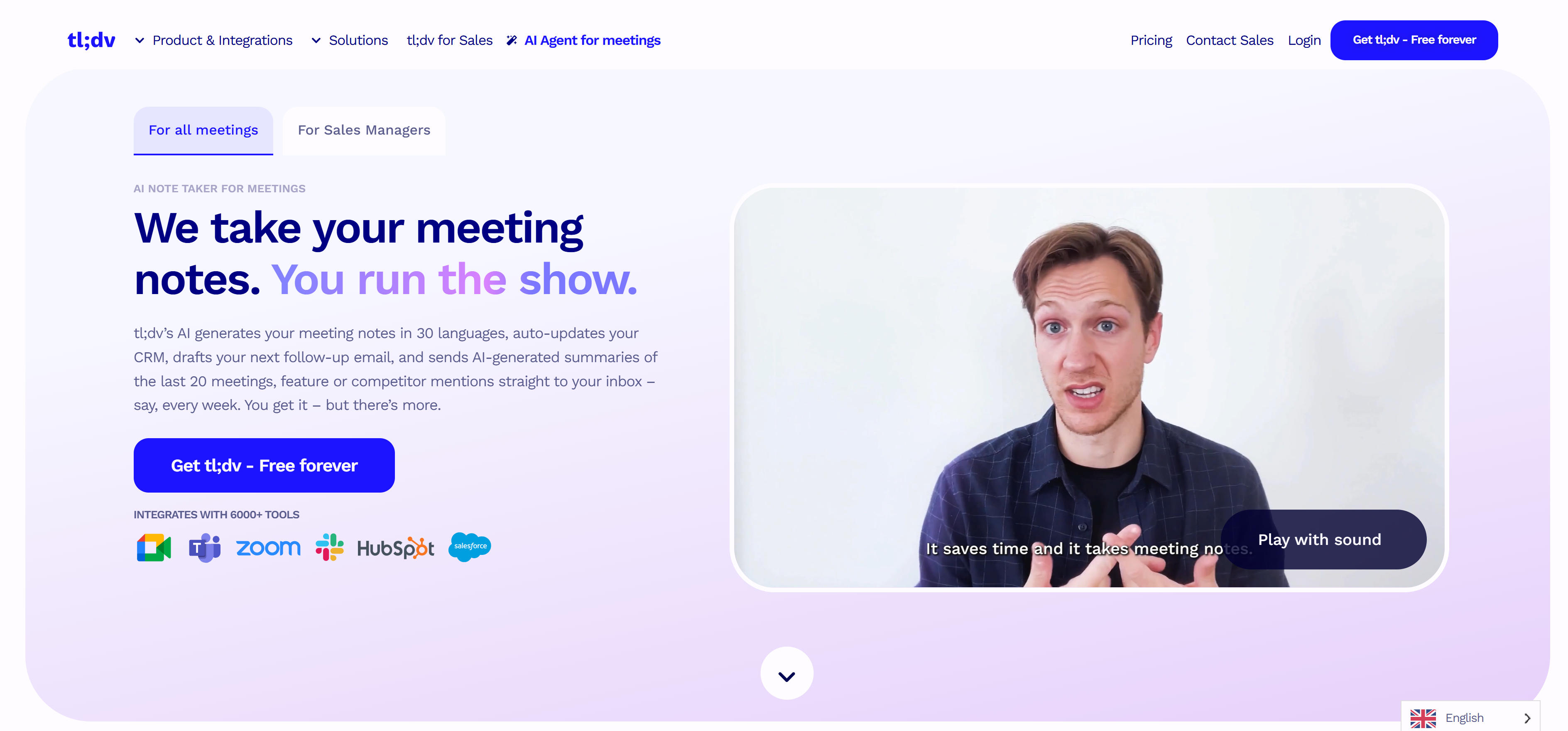 tl;dv AI会议纪要工具界面,展示视频录制、转录、摘要和片段分享功能
