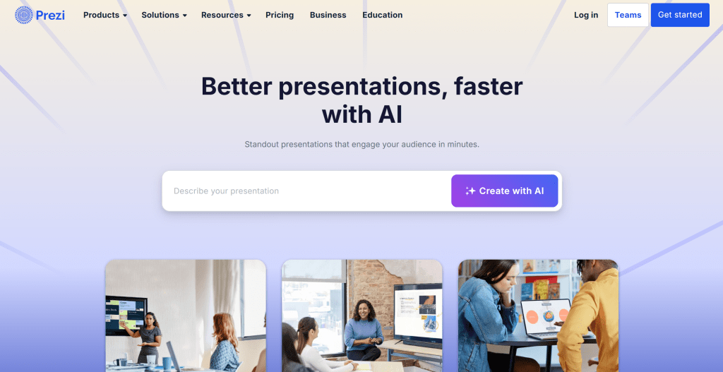 Prezi AI幻灯片生成工具界面，展示动态演示功能和创新展示方式