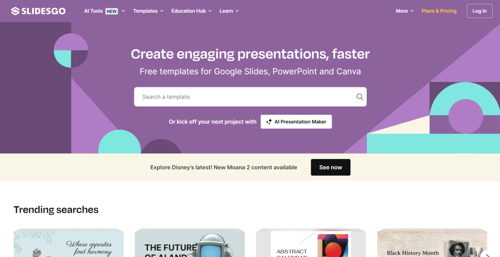 Slidesgo AI幻灯片生成工具界面，展示丰富的模板库和AI推荐功能