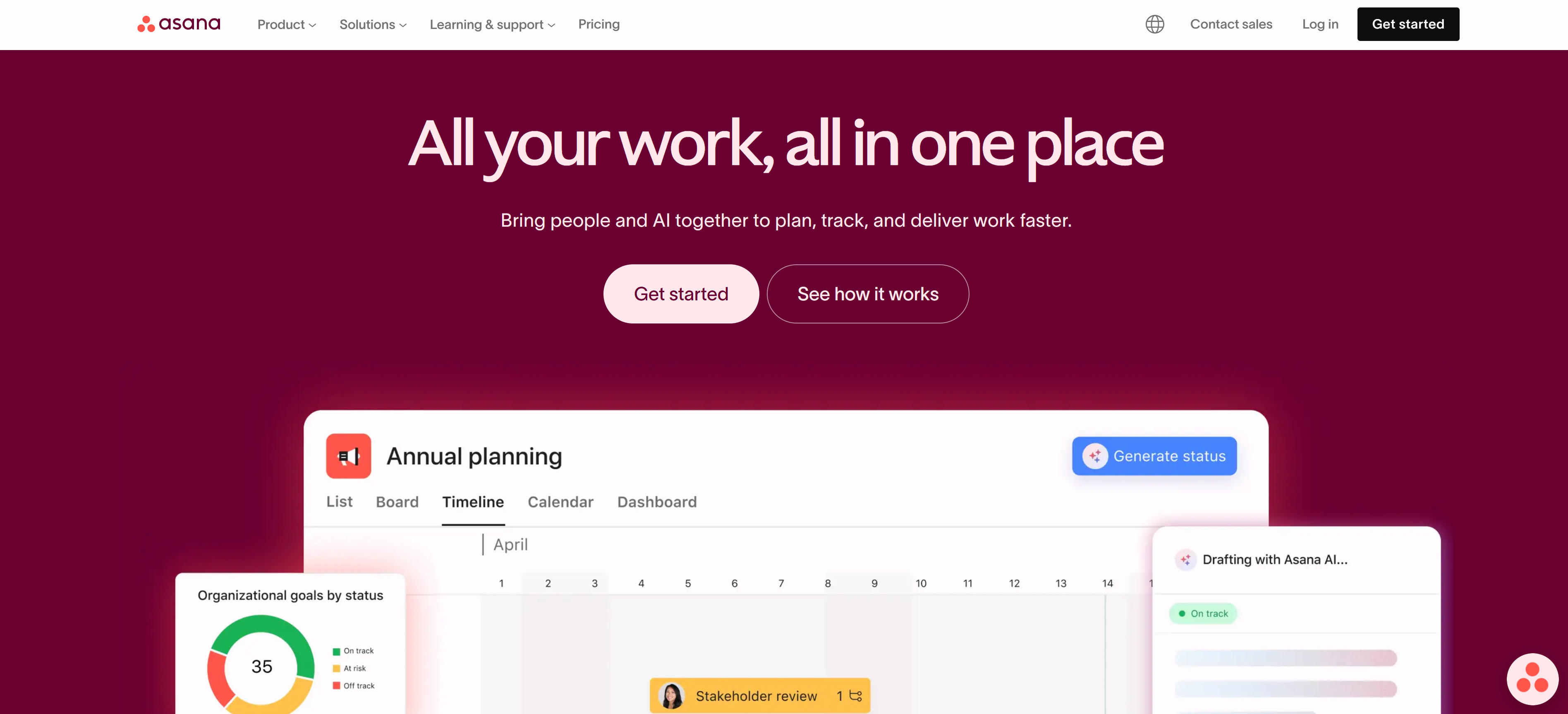 Asana团队任务协作界面，展示AI工作负载分析和智能提醒功能