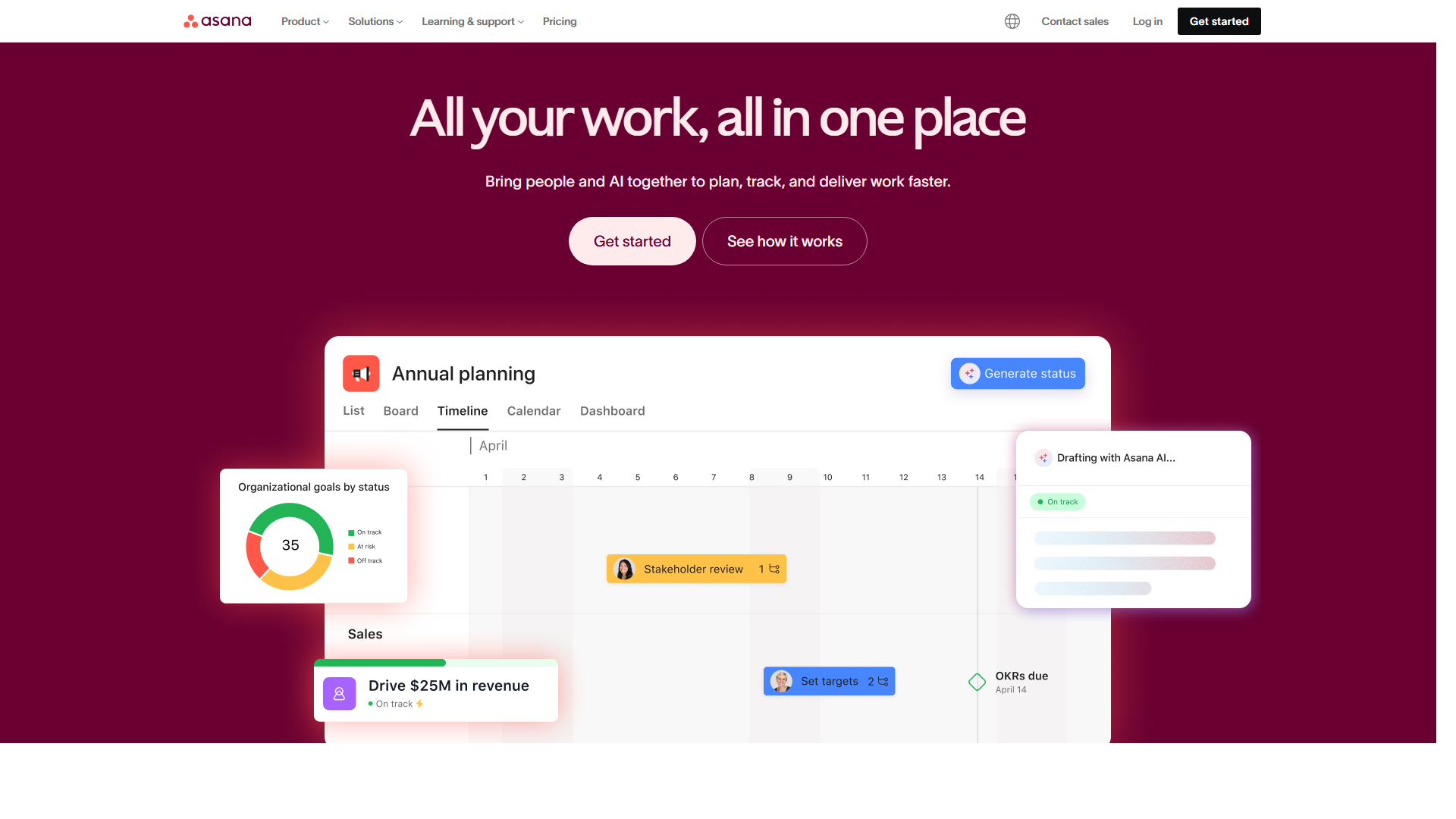 Asana AI生产力工具首页界面截图，展示项目管理和团队协作功能