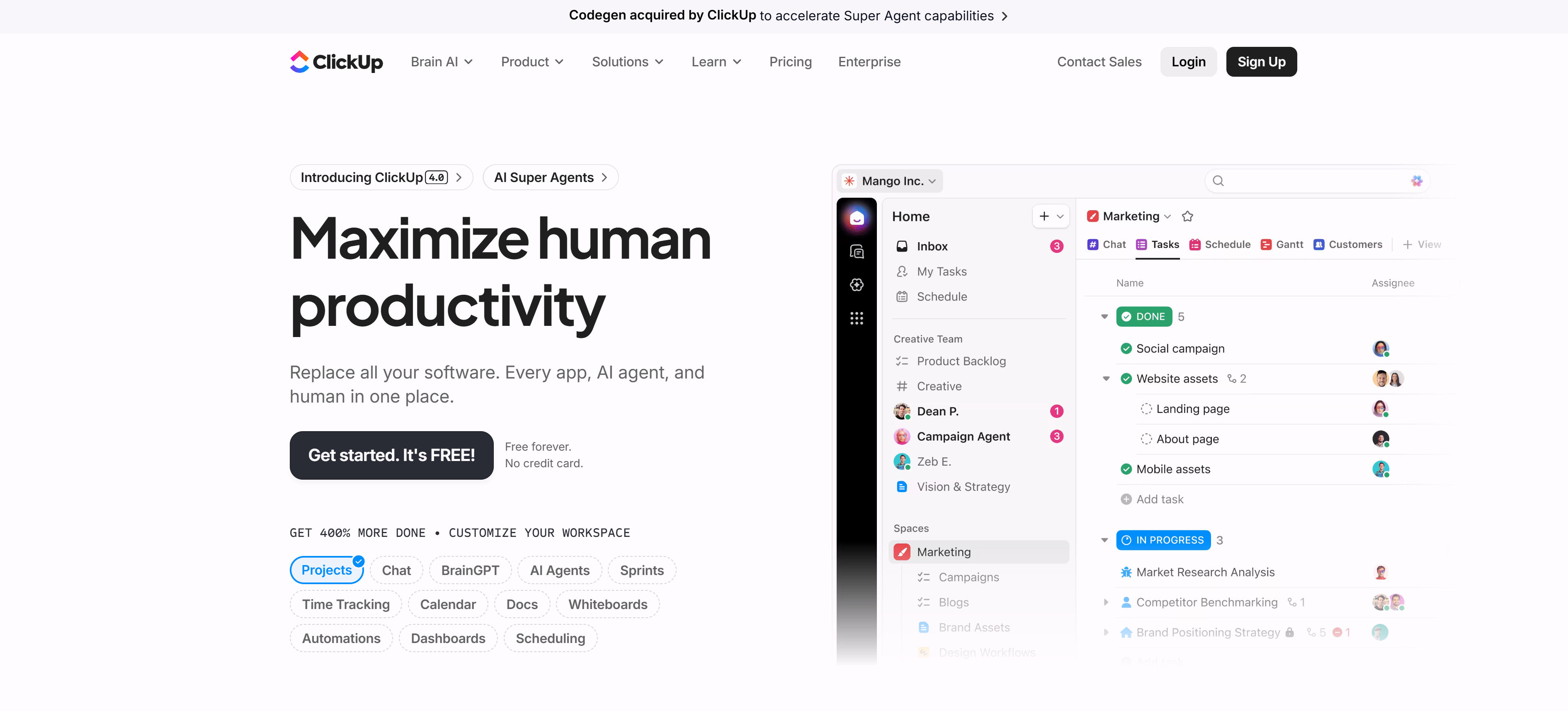 ClickUp智能项目管理界面，展示AI任务分配和进度预测功能