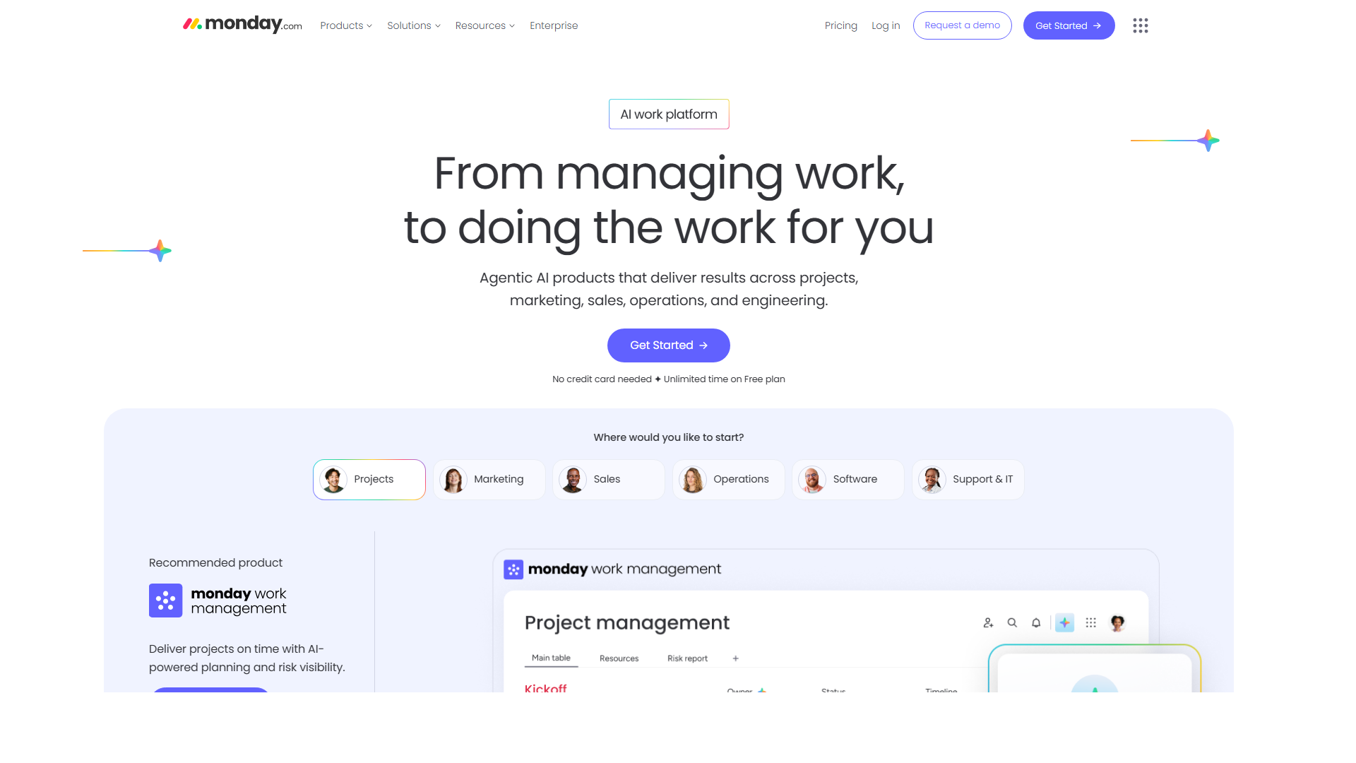Monday AI生产力工具首页界面截图，展示工作流管理和团队协作功能