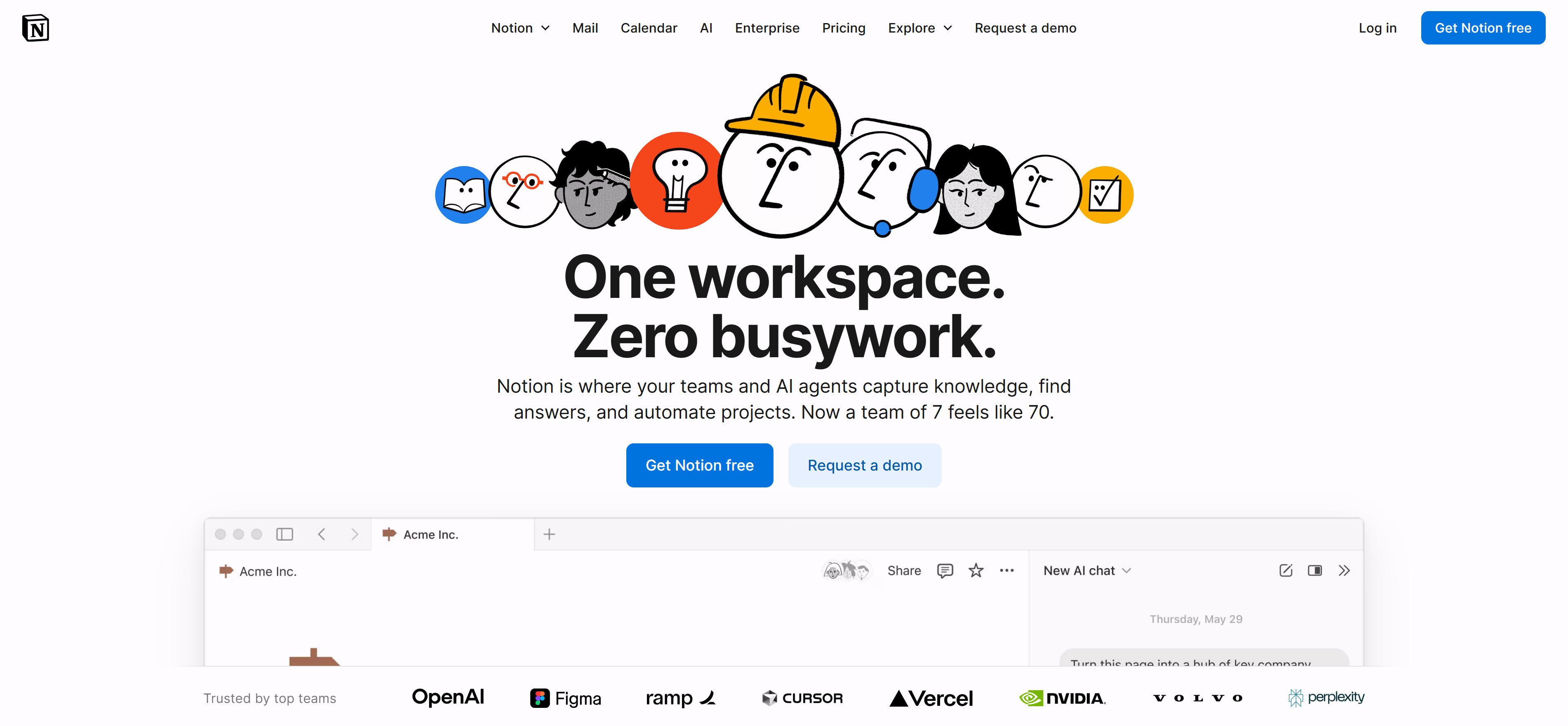 Notion全能工作空间界面，展示AI辅助写作和知识管理功能