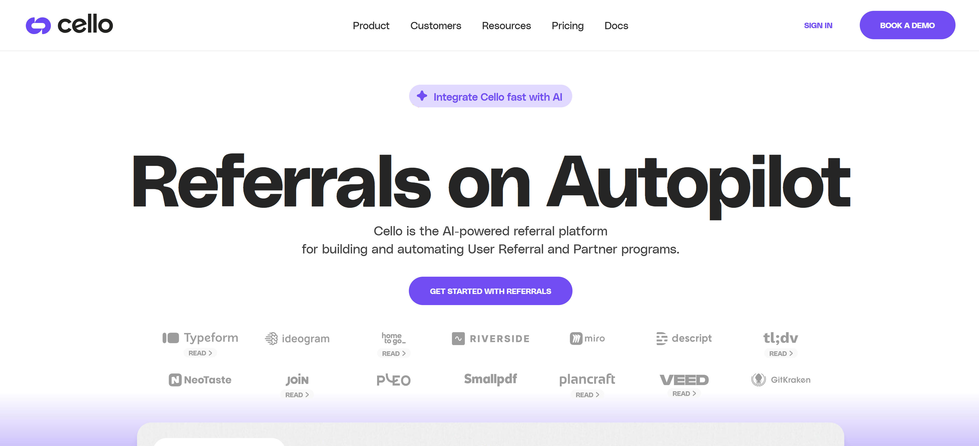 Referral program tools comparison chart showing features and characteristics of 8 tools including Cello, Impact, Viral Loops