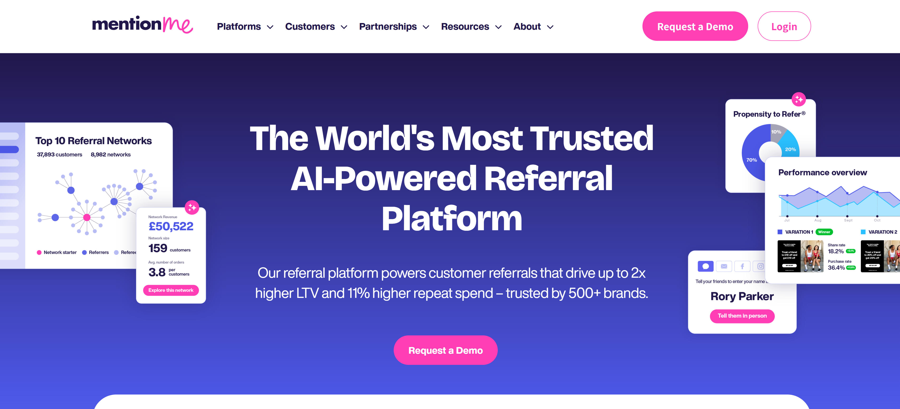 Mention Me referral program platform interface showing retail referral and Name Sharing features