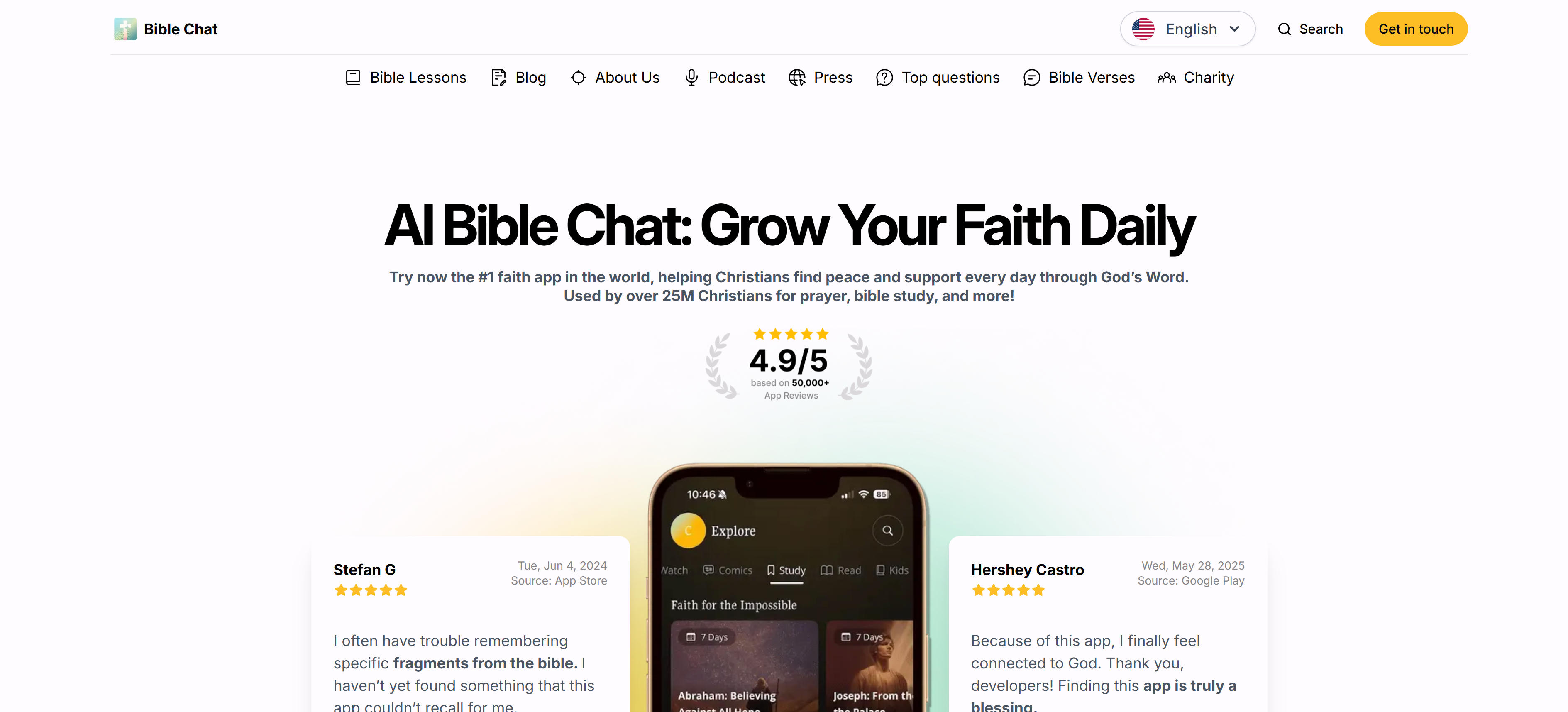 Bible Chat world's #1 faith app interface showcasing AI Bible dialogue and devotion features