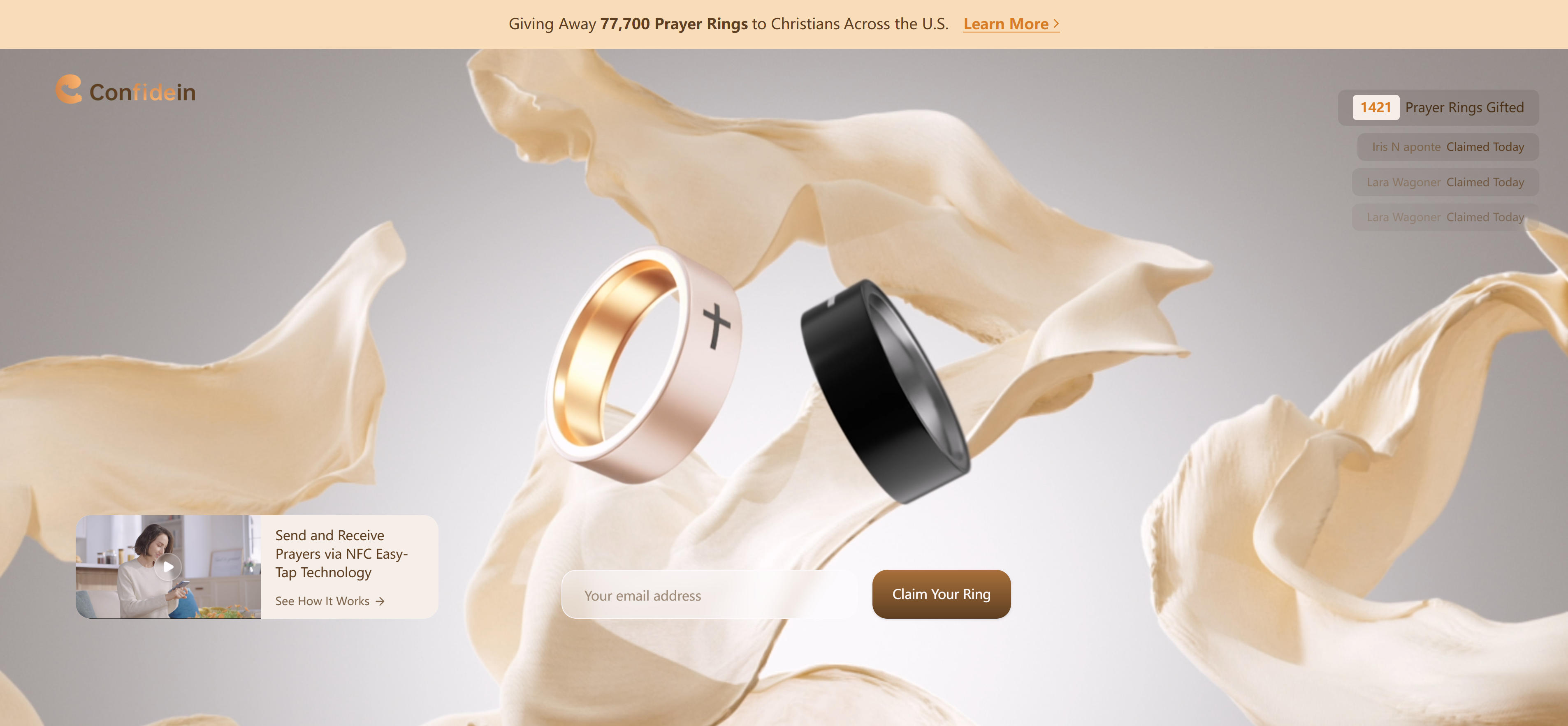 Confidein AI prayer ring hardware device showcasing NFC technology and prayer communication features