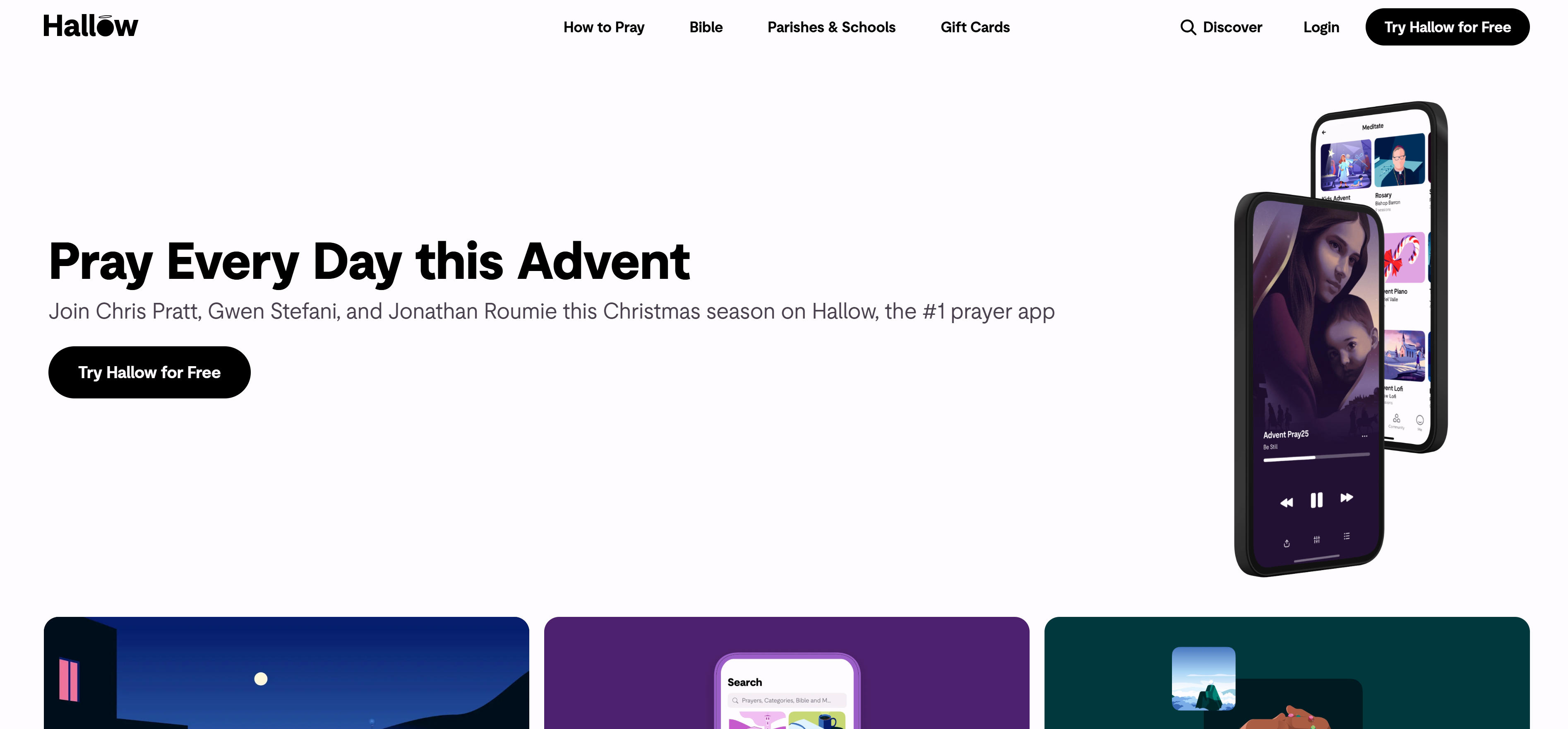 Hallow AI devotion tool interface showcasing prayer and meditation features with audio-guided courses