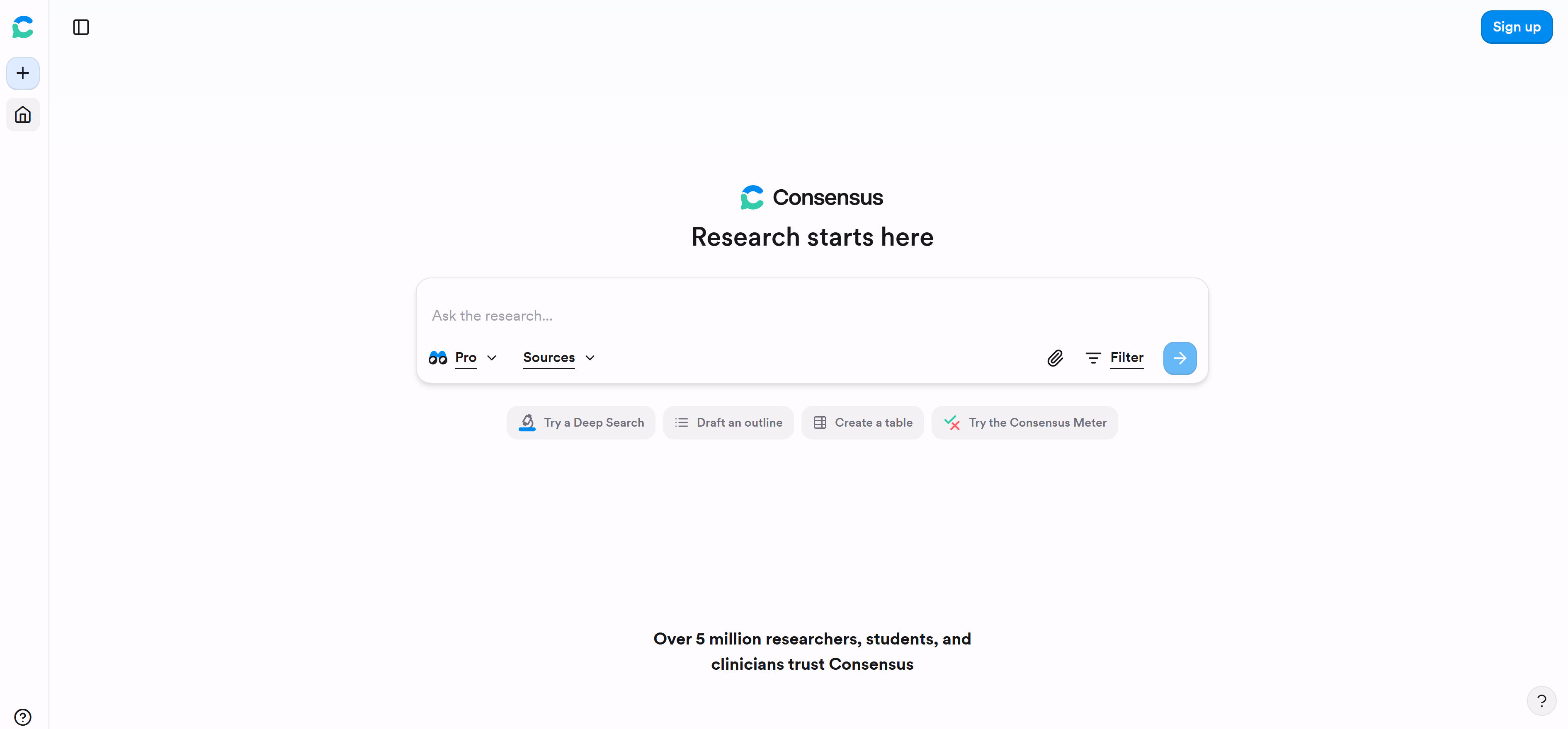 Consensus学术研究专用AI搜索引擎界面，展示论文搜索功能