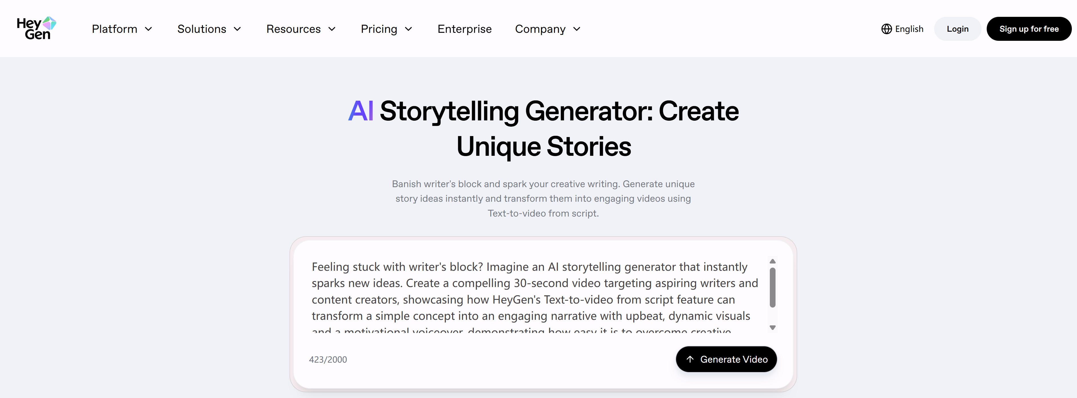 HeyGen AI故事视频生成器界面，展示从提示词到视频的完整生成流程，包括脚本生成、角色创建和视频合成